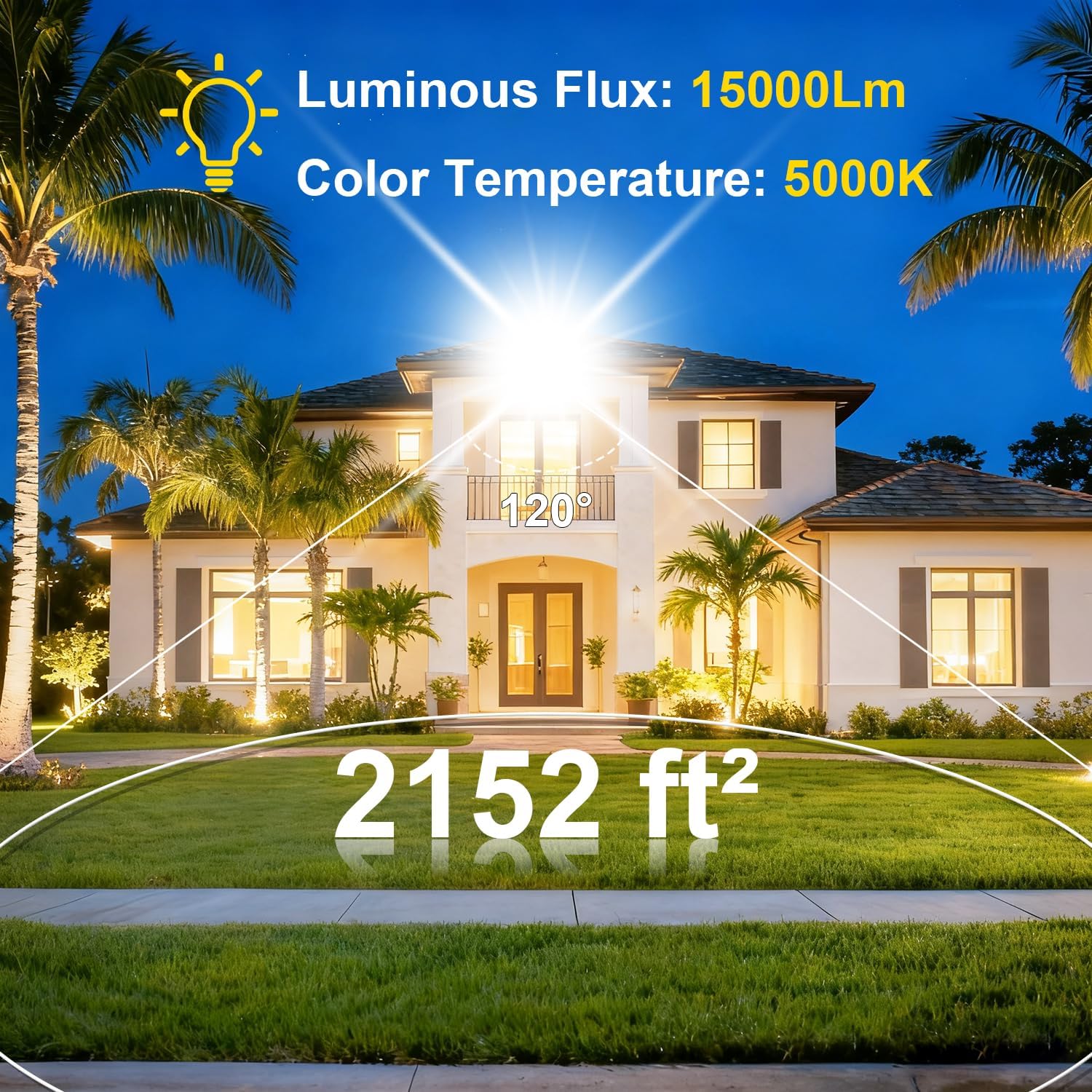 100W Flood Lights Outdoor, 15000lm Bright LED Work Light with Plug, 5000K Daylight White Outdoor Lights, IP65 Waterproof Security Lights for Yard Garage Stadium Playground 2 Pack AC100-120V Voltage
