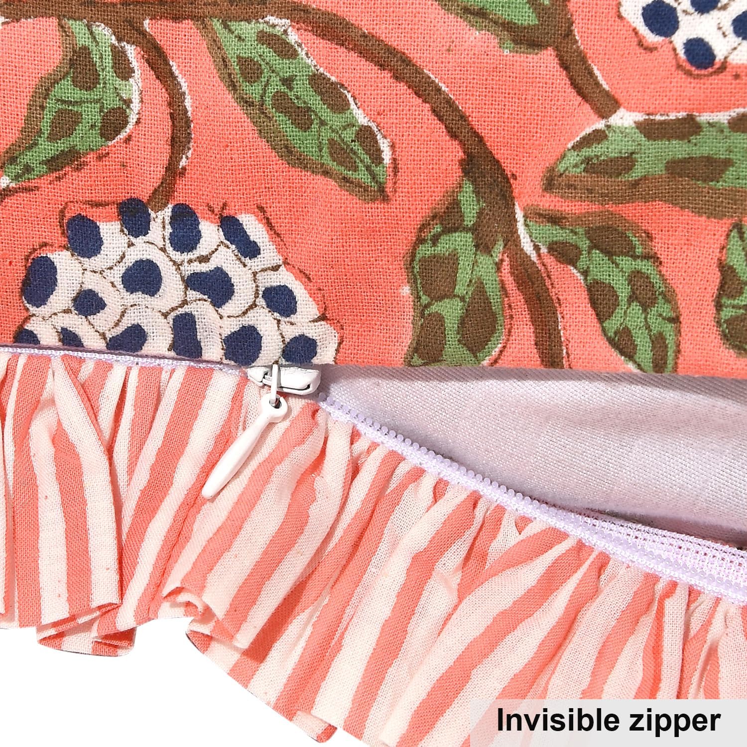 Ridhi Block Print Dark Salmon Pink 20"x12" Set 1-100% Cotton Ruffle Lumbar Sham Cover Boho Floral Pillowcase, Farmhouse Cottagecore Bedding, Soft Decorative Cover Gift for Spring, Easter, Valentine