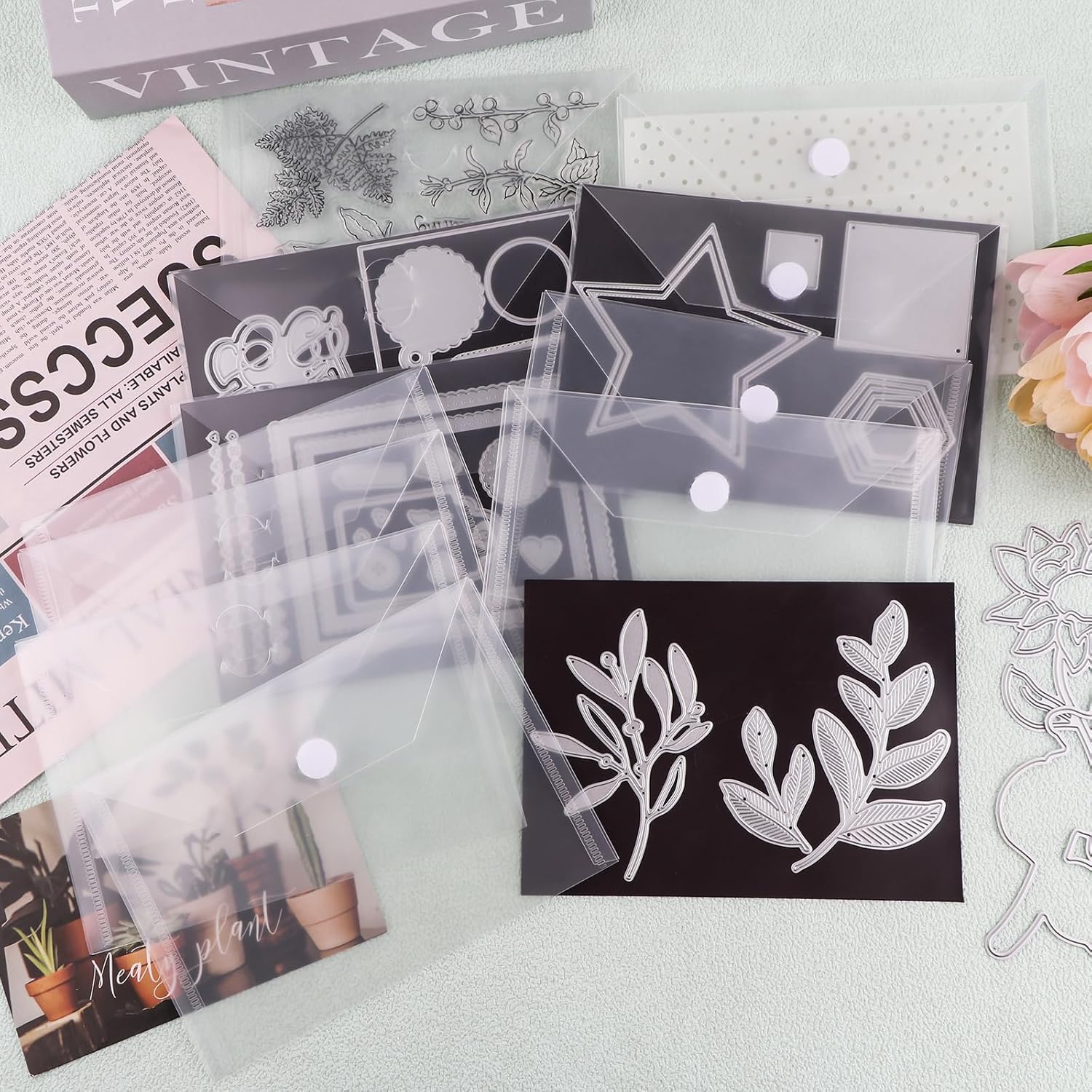 BAOFALI 100 Pcs/Set 7x9.4inch Clear Stamp and Die Storage Pockets, Stamp Storage Bags, Plastic Envelopes, DIY Scrapbooking Storage Die Cuts for Stencil Storage Card Making Cutting Dies