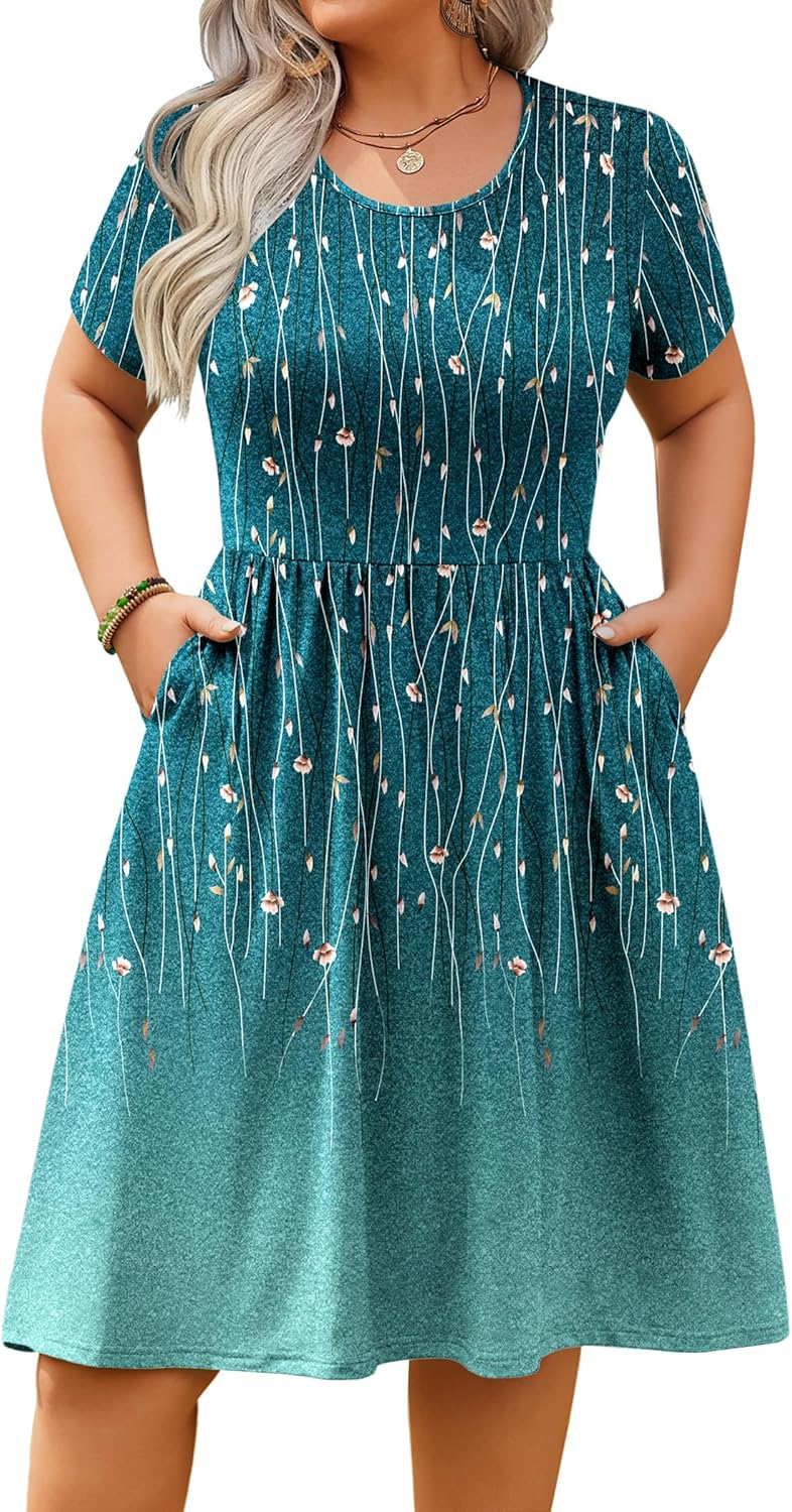 IN'VOLAND Womens Plus Size Summer Dress Short Sleeve Casual Mini Dresses Empire Waist T-Shirt Dress with Pockets