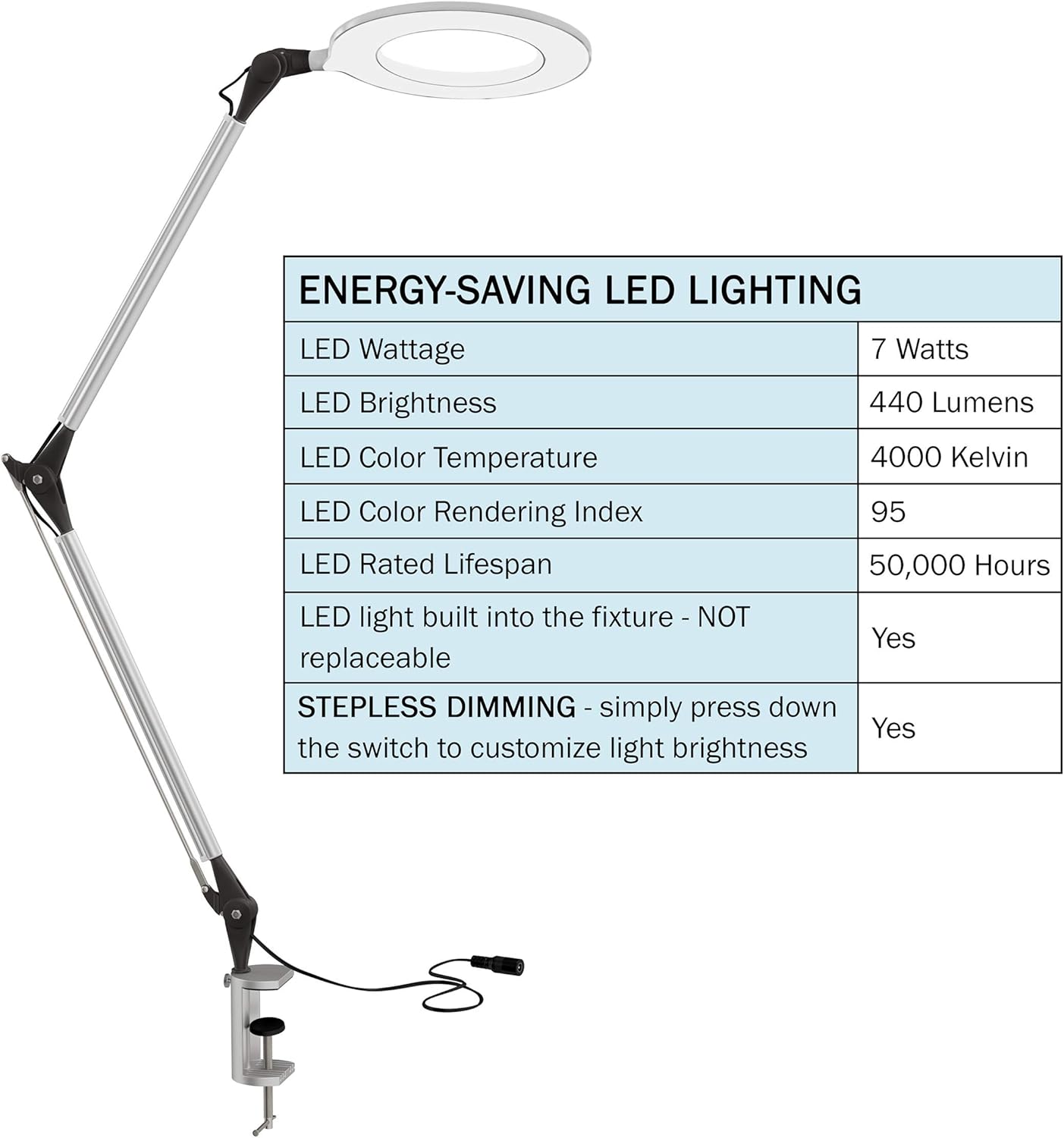 Lavish Home Swing Arm Architect Task Lamp with Clamp, LED Ring Light-Stepless Dimming-High CRI 95-Eye Friendly Light for Reading, Drafting & Office