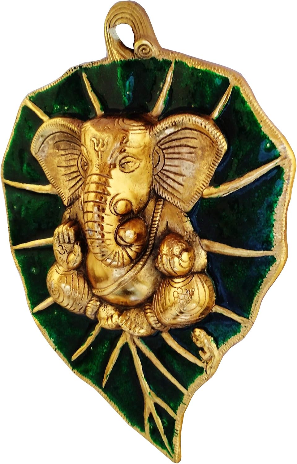 Purpledip Metal Wall Plaque Ganesha: Ganapathi Idol on Auspicious Peepal Leaf (11541), Golden, 30.5L x 22.9W cm - Image 4