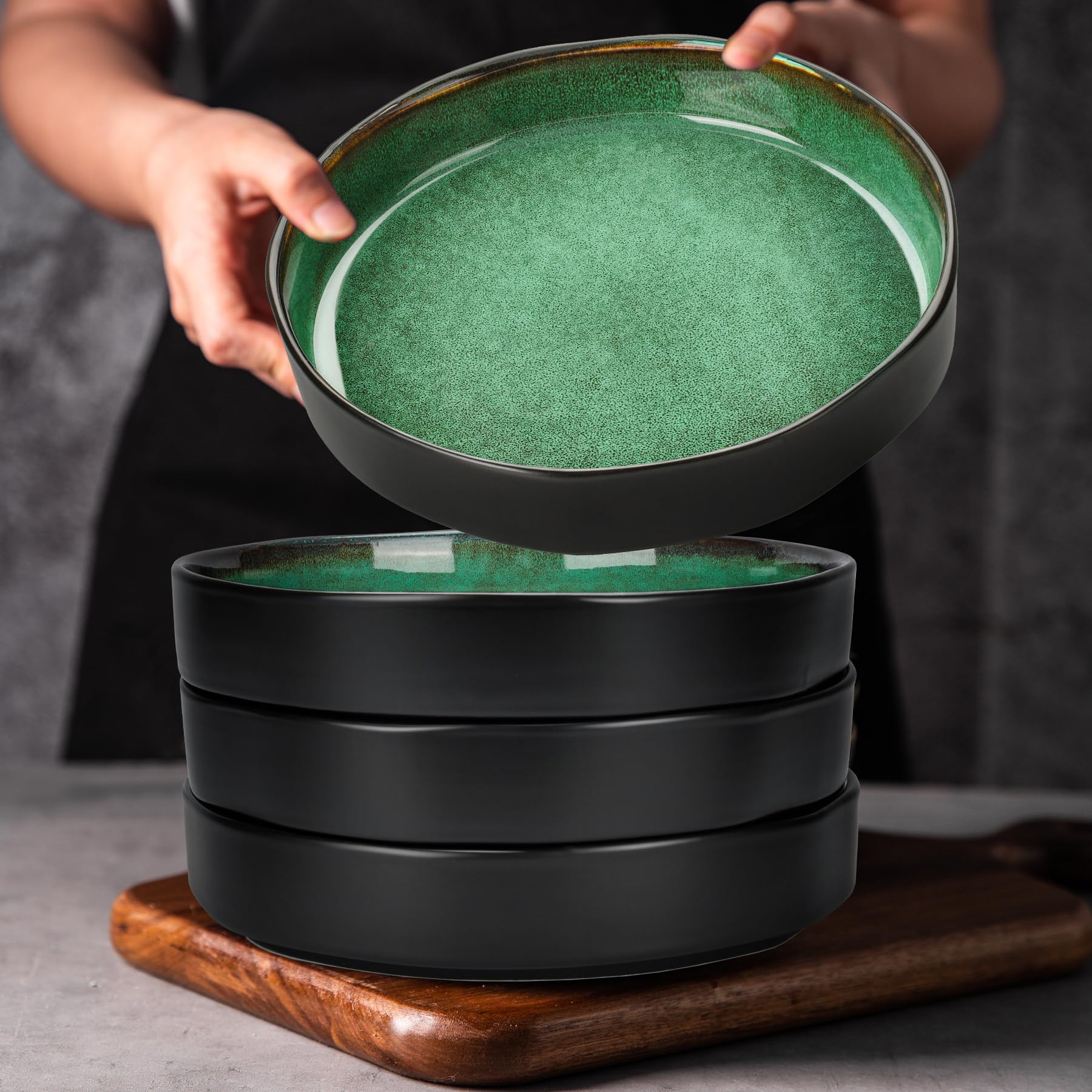 CSYY 4 Pcs Large Pasta Bowls, 1000ml 22cm Deep Porcelain Plates Set, Green Round Premium Plates Set for Pasta Salad, Soup, Fruit
