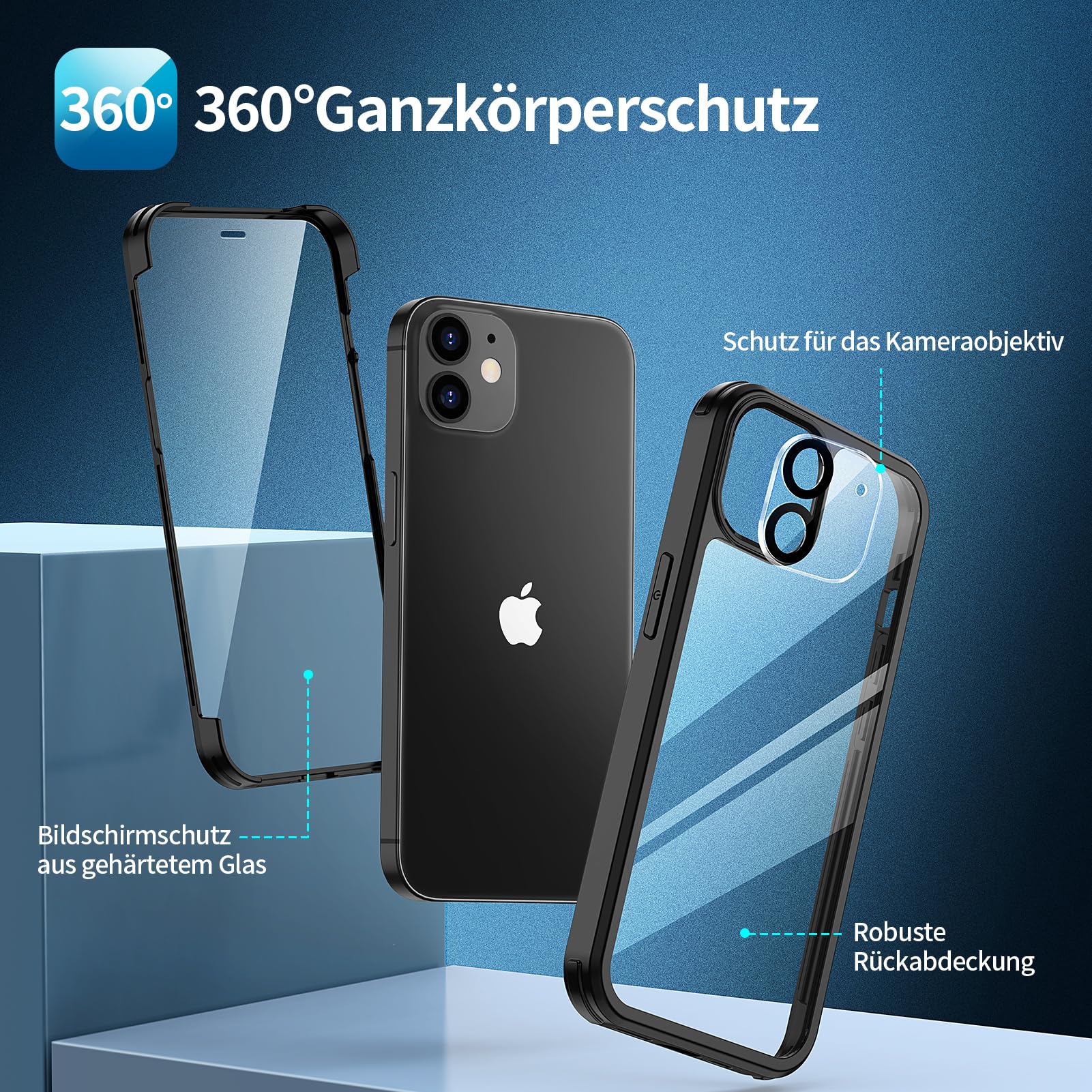 seacosmo für iPhone 12 Mini Hülle mit eingebautem Panzerglas Displayschutz und Kamera Schutzfolie [9H HD], 360 Grad Handyhülle Ganzkörper Stoßfeste iPhone 12 Mini Case - Schwarz