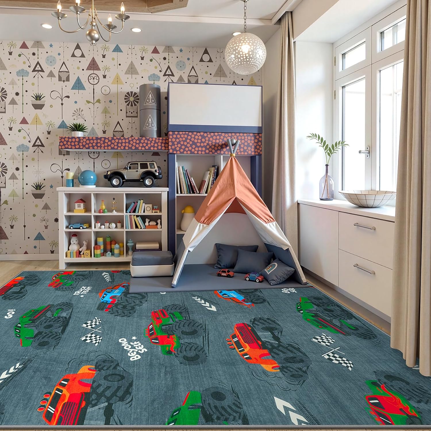 STARUIA Grey Cool Race Truck Car Rugs for Boys Room, Large 5x7 Washable Kids Rug for Bedroom, Soft Boys Play Rug Construction Carpet for Kids Room Playroom Living Room