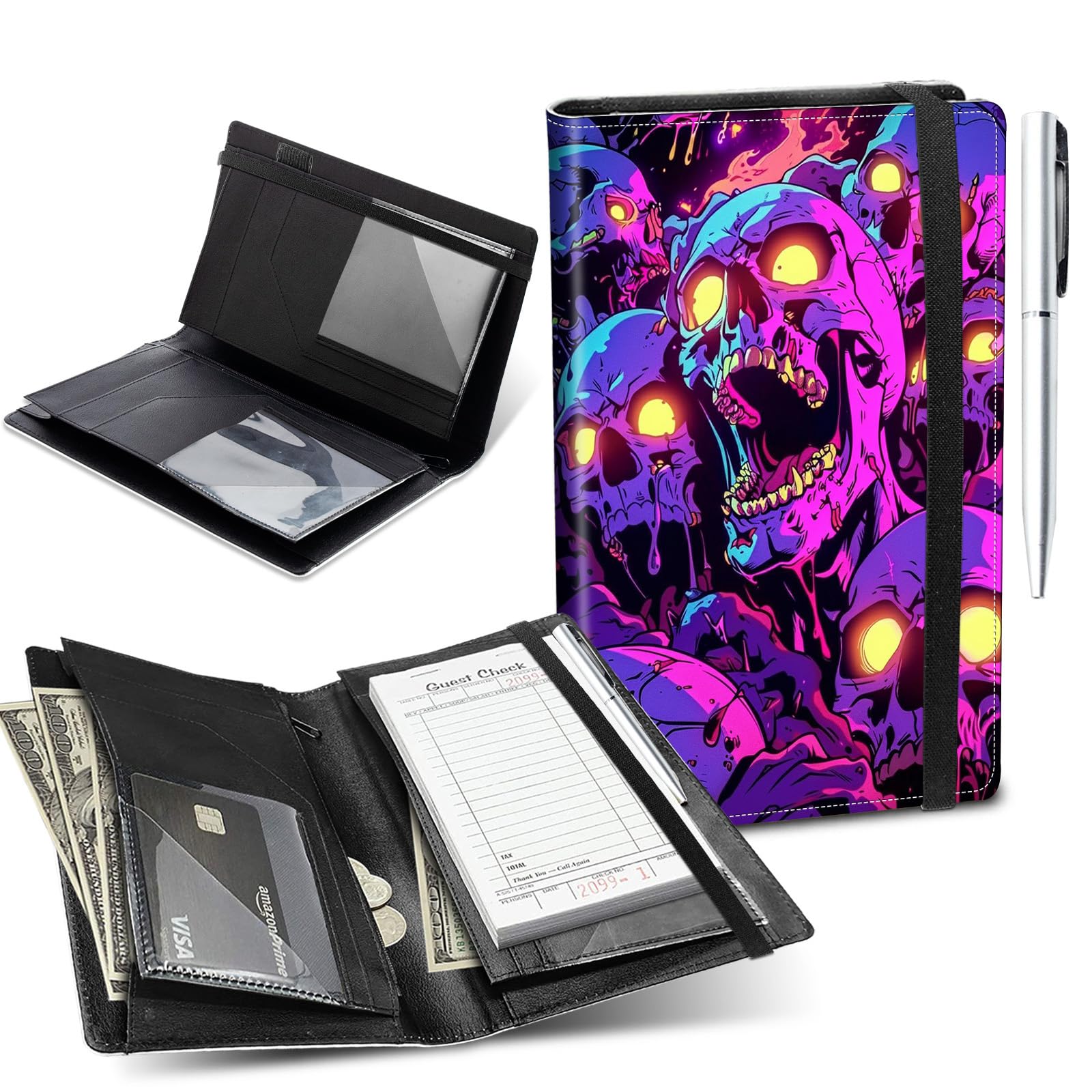 Server Book for Waitress,5.5x9 Inch - Waiter Book with Zipper Pocket,Pen Holder & Cash Compartments,Waterproof PU Leather Guest Check Organizer for Tips,Cards, Receipts,Purple Scream Skull