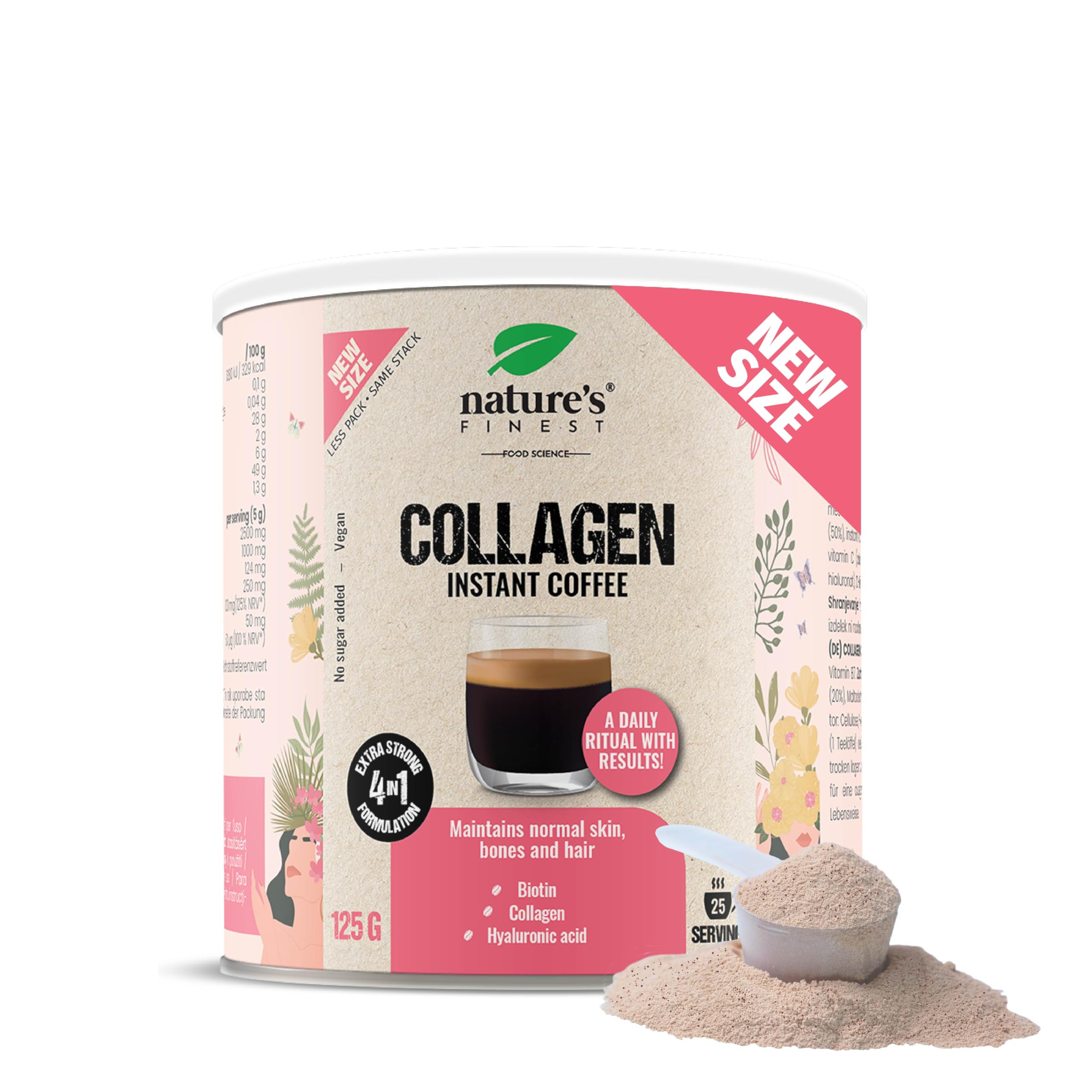 Nature's Finest by Nutrisslim Collagen Coffee avec Acide Hyaluronique, Vitamine C et Biotine - Café Arabica Premium Sans Sucre Ajouté, Délicat et Aromatique