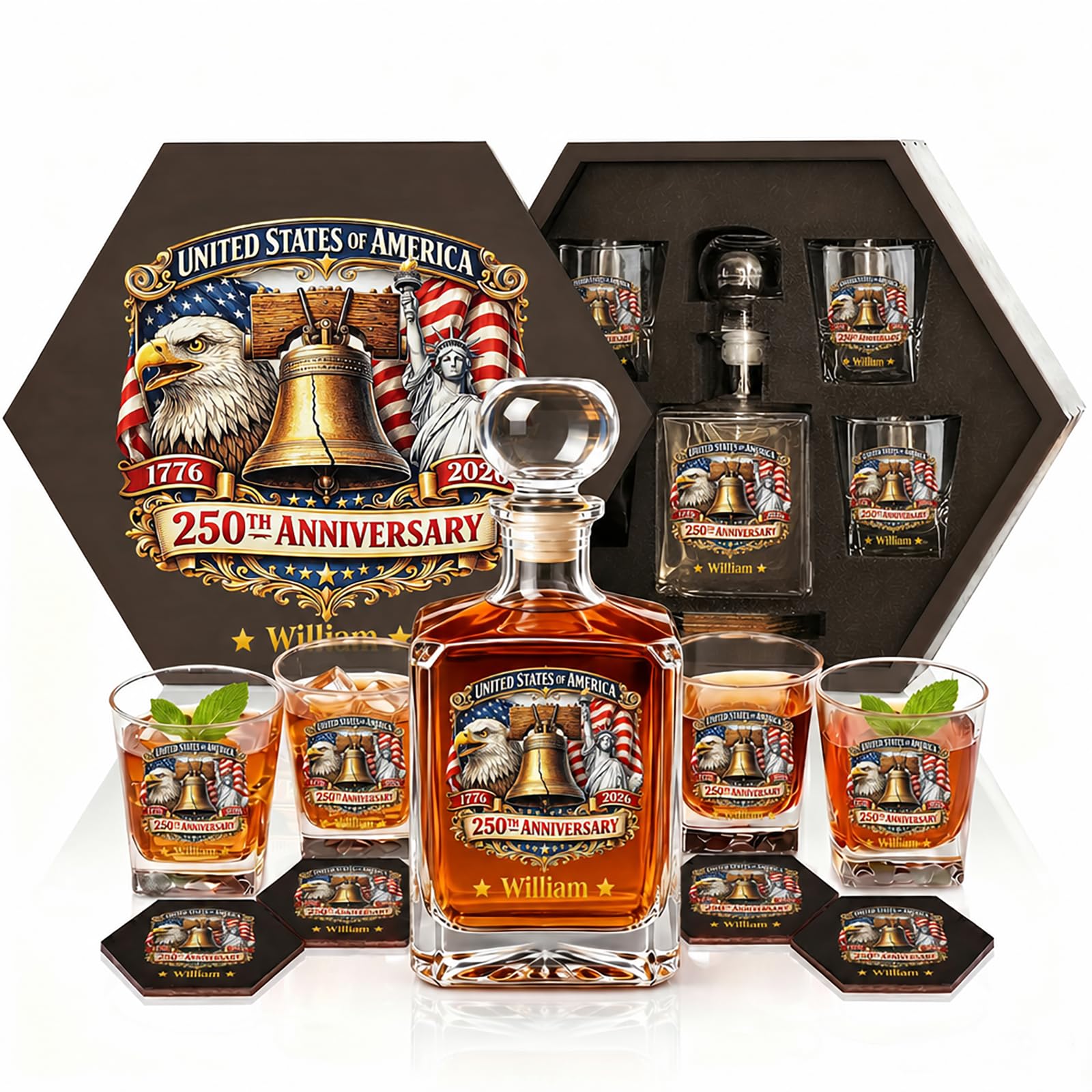 Custom Veterans Day Gifts, USA 250th Anniversary Whiskey Decanter Set