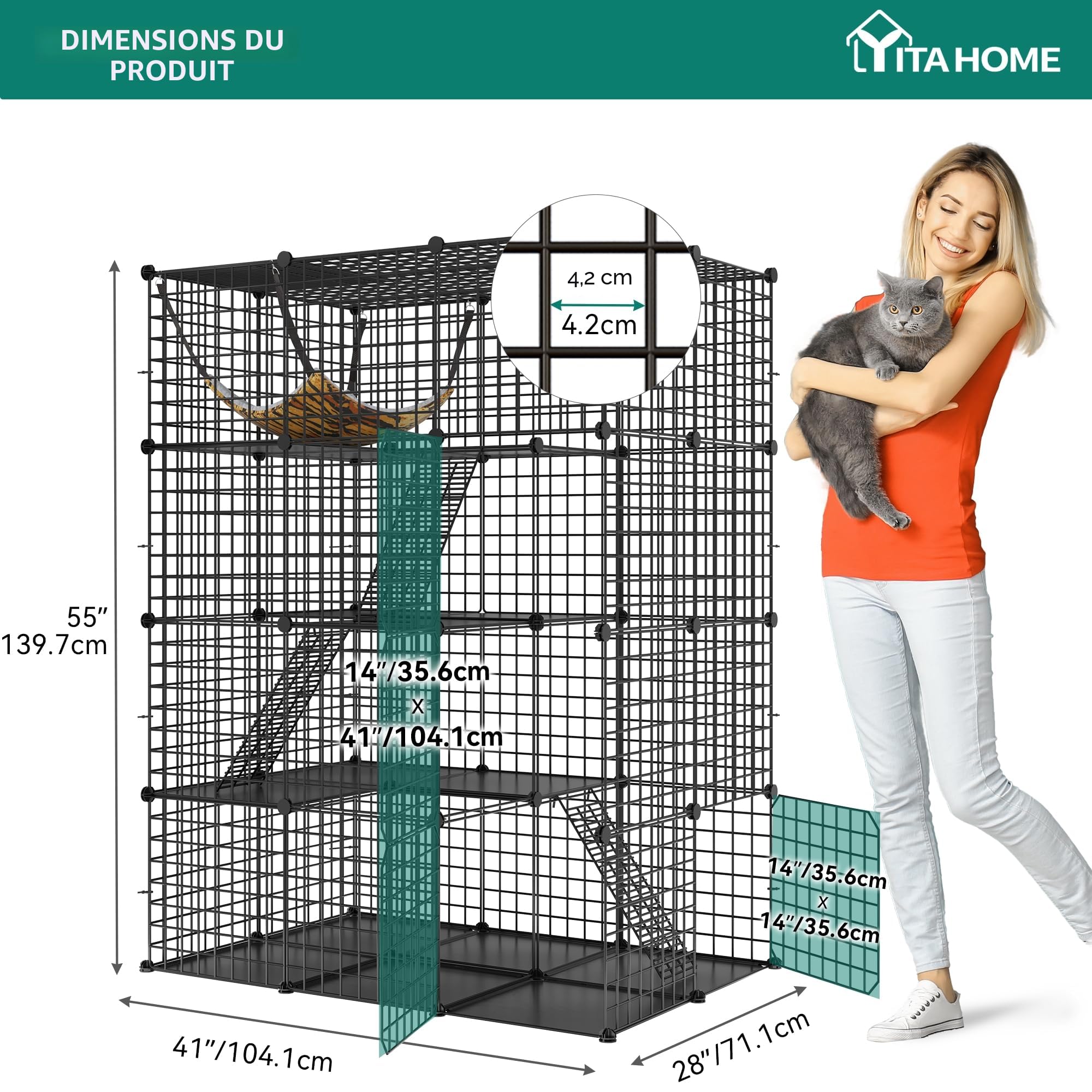 YITAHOME Grande Cage pour Chat d'intérieur, Enclos en Fil Métallique 4 Niveaux avec 4 Portes, 3 Échelles, Hamac, pour 1-3 Chats Lapin Chinchilla Noir