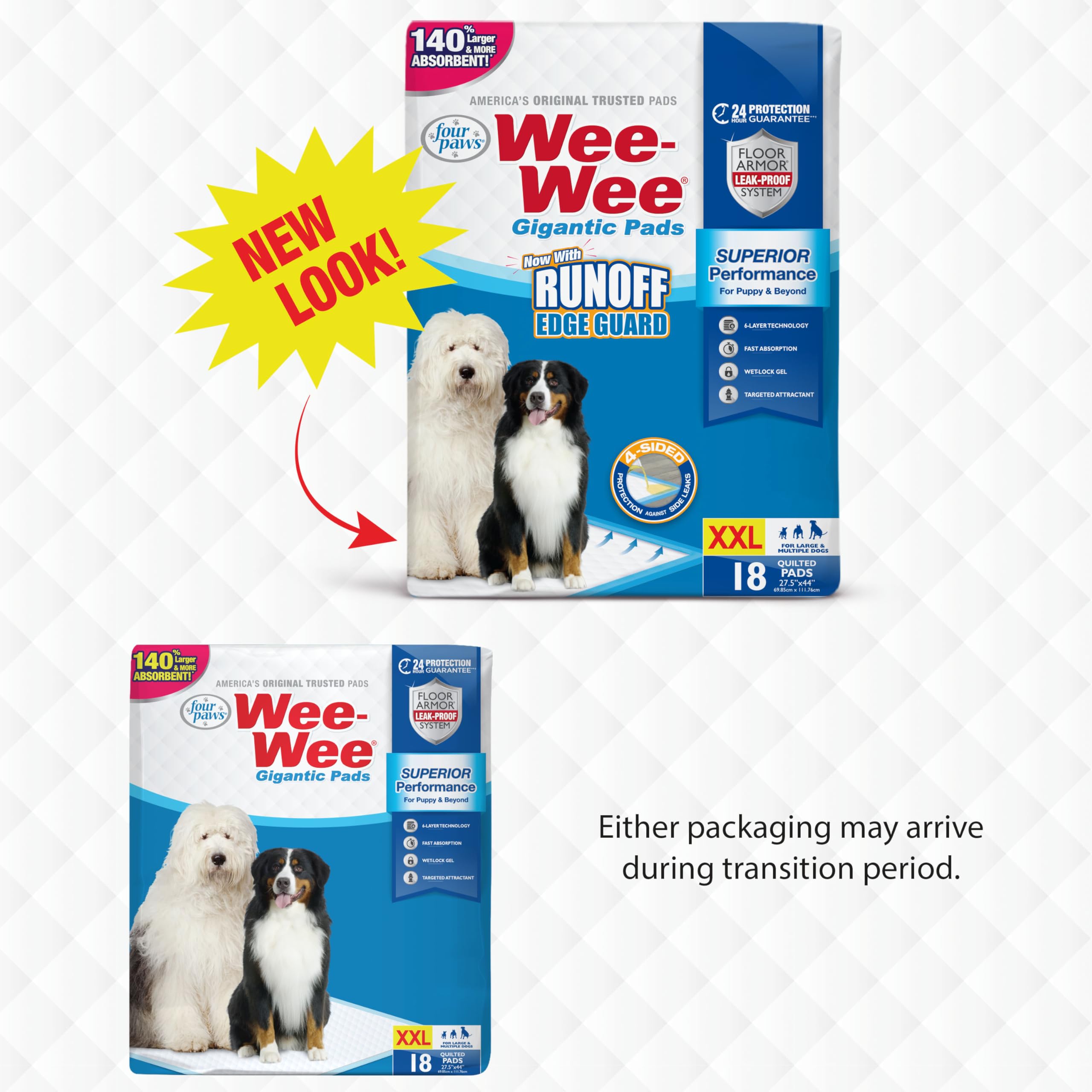 Four Paws Wee-Wee - Almohadillas para orina Grandes sin Perfume de Rendimiento Superior para Perros y Cachorros, Acolchadas a Prueba de Fugas, protección del Suelo, 27.5 x 44 Pulgadas, 18 Unidades