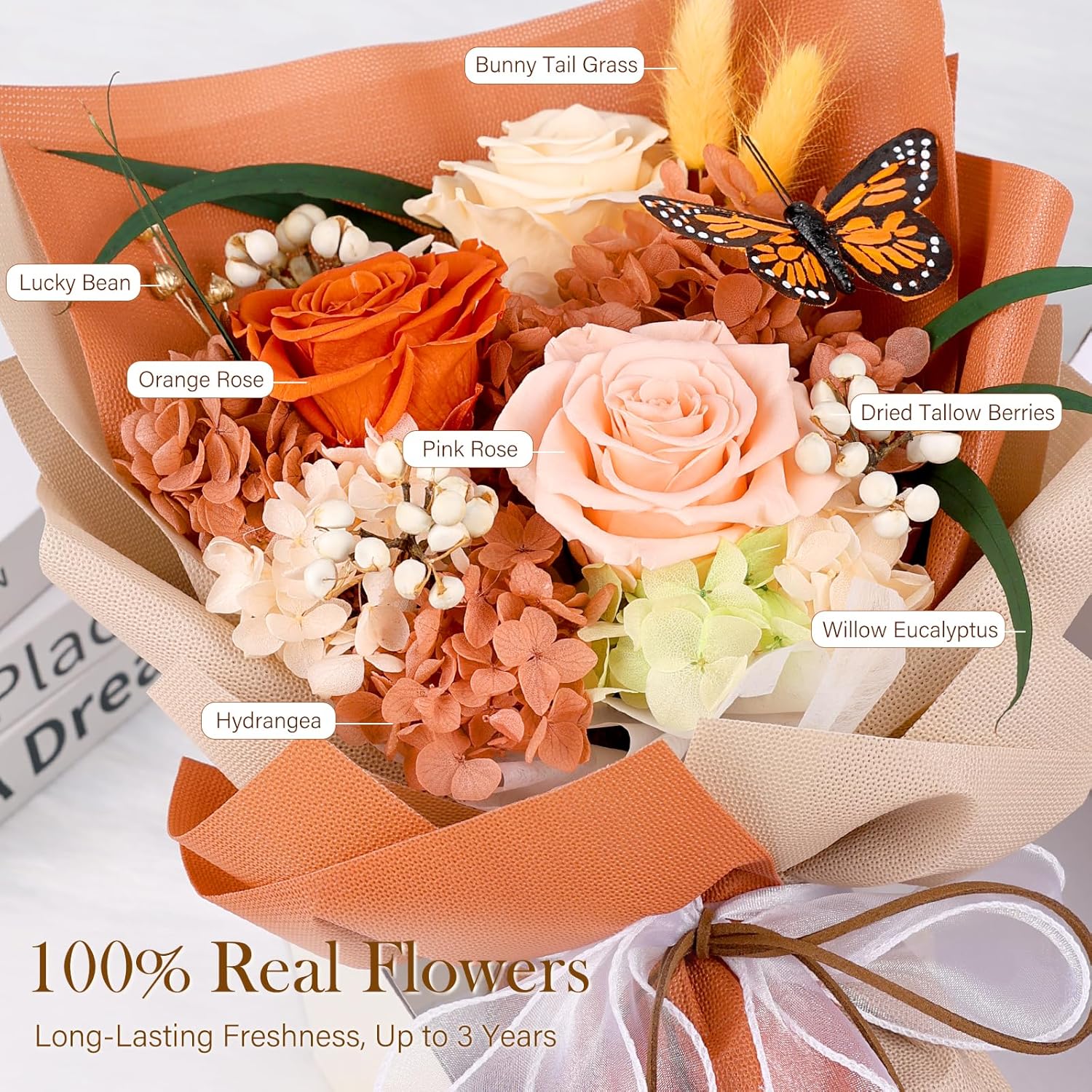 Preserved Flowers Bouquet with Butterfly - 3 Roses & Flowers for Delivery, Long-Lasting Real Roses Forever, Anniversary Birthday Valentine Gifts for Women Mom Grandma Her Wife Girlfriend - Image 2