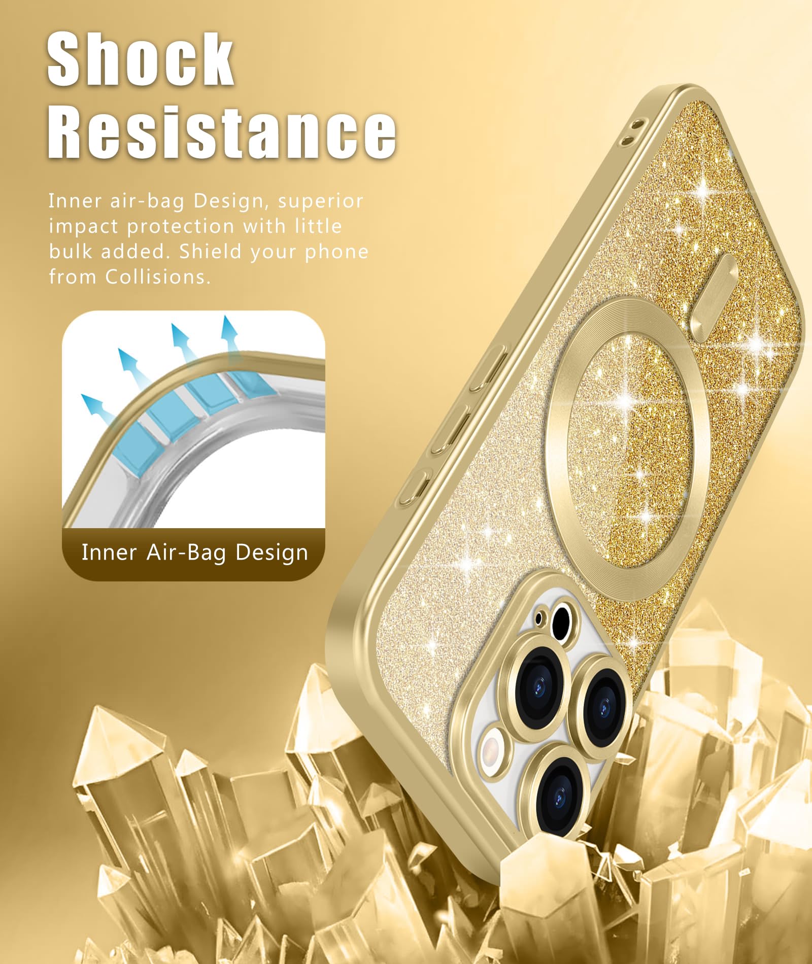 Ethanger For IPhone 15 Case With 2 Screen Protector Compatible With MagSafe, Magnetic Cover Shockproof Frosted Bumper With Glitter Card And Wrist