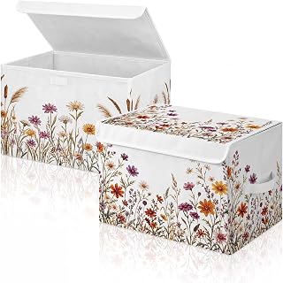 Fourluoo 2 Pack Fall Wildflowers Fabric Storage Bins with Lids and Handle | Fabric Material, Metal Frame for Shape Retention, Fall Floral Storage Basket, for Closet, Shelf, Nursery, Autum Decor