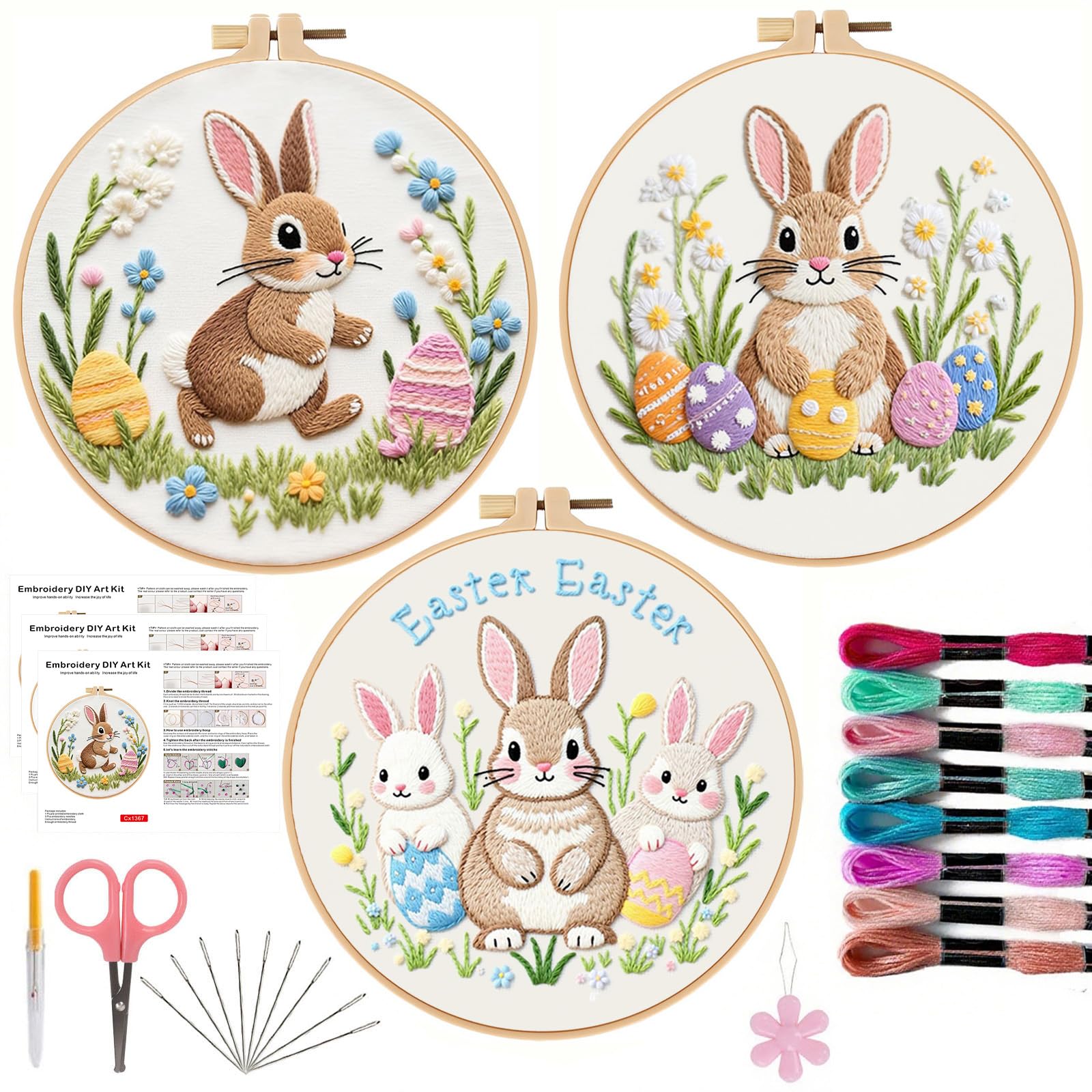 Offizon 3 PCS Embroidery Kit for Beginners - Cross Stitch DIY Craft Set, Bird Embroidery Accessories & Hoop Included, Hand Embroidery Kit for Adults Stitching Sewing Kit Gift | Rabbit A