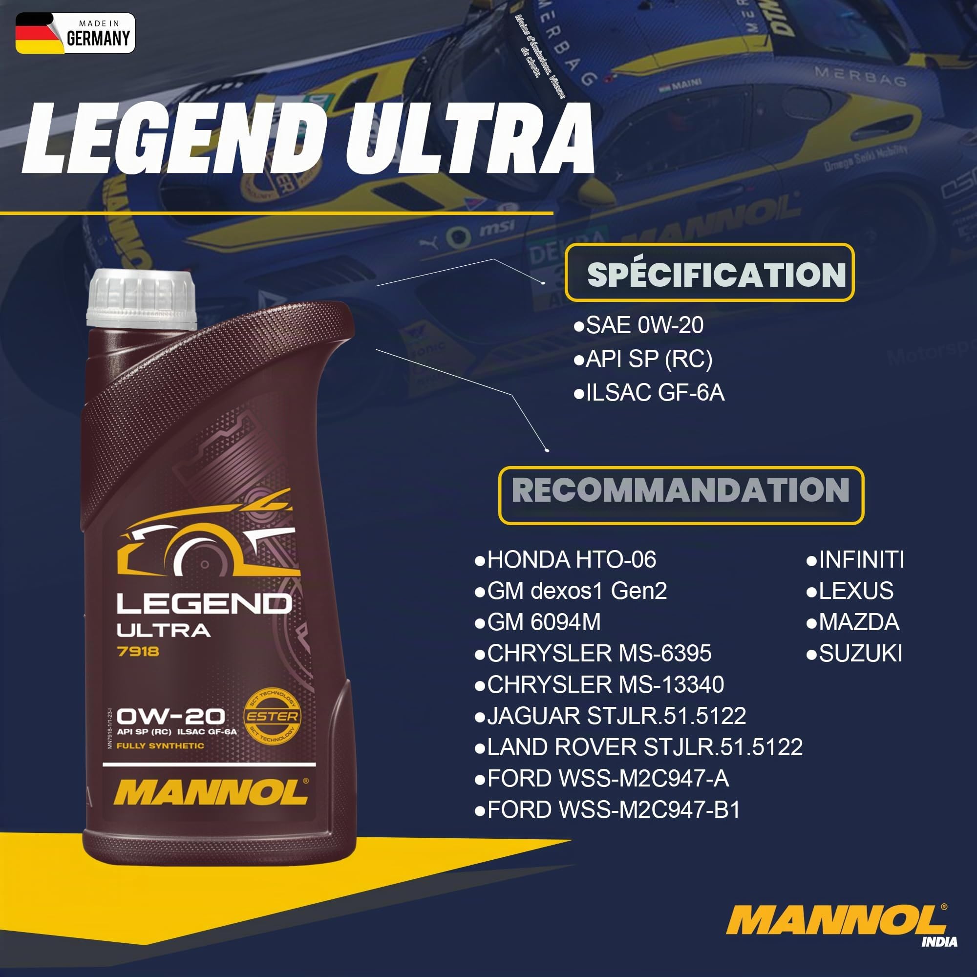 MANNOL Huile moteur LEGEND 0W-20 API SP ULTRA 5 L Compatible avec LAND ROVER Range Rover Evoque L538, JAGUAR F-PACE X761