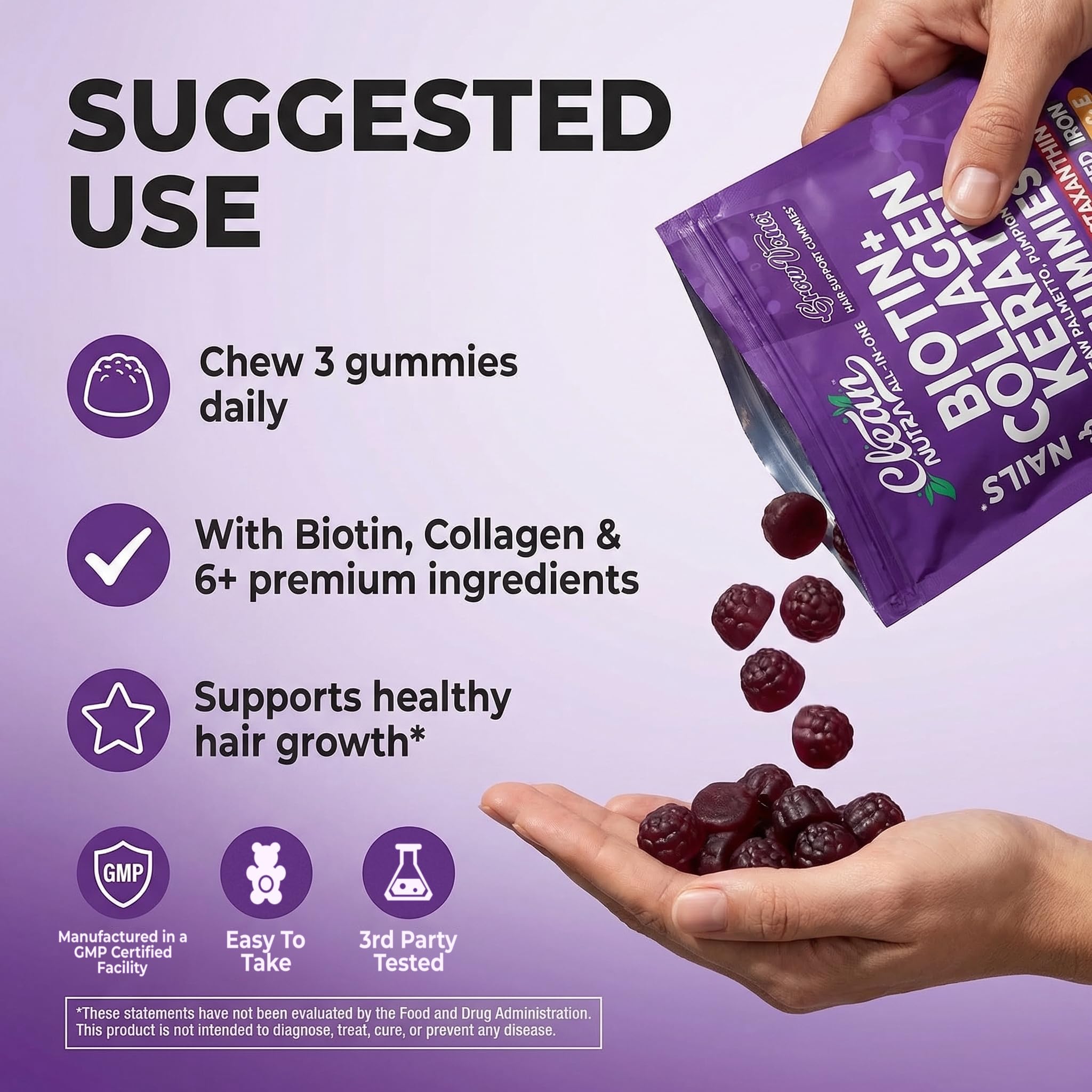 Biotin Gummies for Hair Growth, Hair Vitamins for Women with Collagen Keratin Zinc Saw Palmetto Horsetail Astaxanthin Pumpkin Seed MSM Grape Seed Iron Vitamins A D E, GrowVana by Clean Nutra 90 Count — Amazon image 6