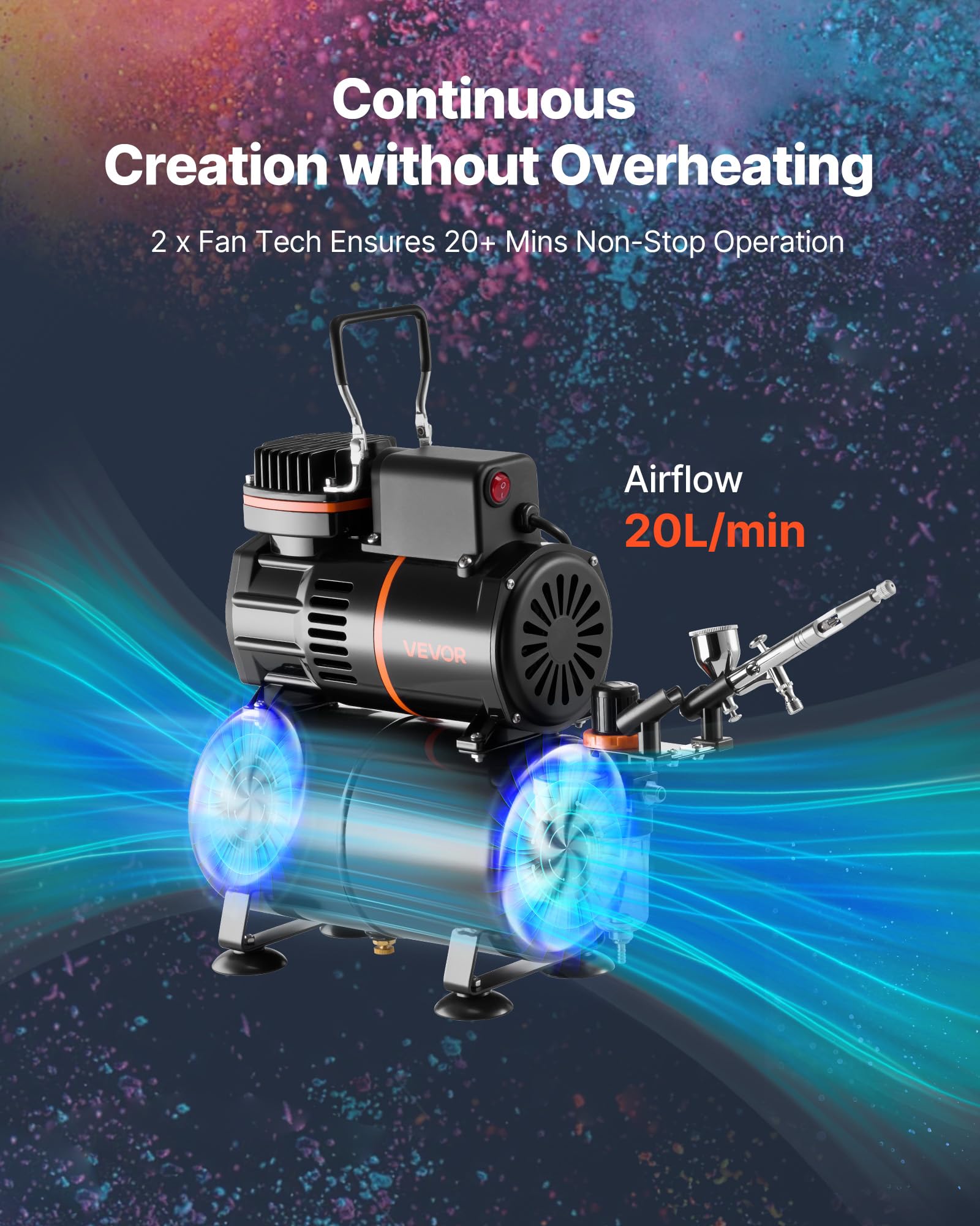 VEVOR Kit Aérographe avec Compresseur d’Air 1/6 HP et Réservoir, Compresseur Aérographe avec 1 Pistolet à Double Action, 1 Buse, Tuyau, Peinture Acrylique, 2 Ventilateurs, Décoration Pâtisserie