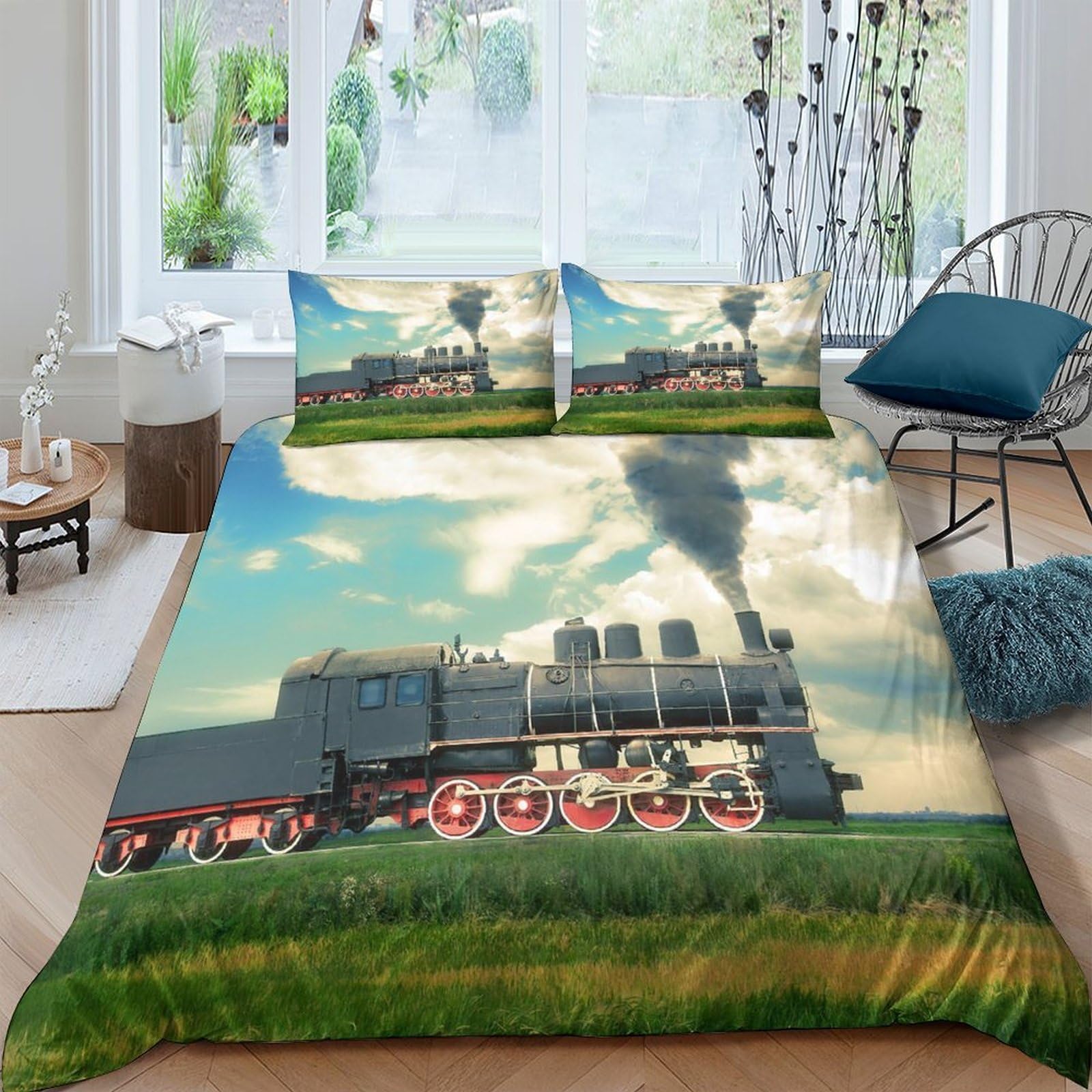 Ctjqhvkz Style-2 3D Printed Steam Train Fitted Sheet Microfiber Soft Breathable Countryside Landscape Bed Cover For Bedroom Guestroom Decor Single（135X200cm）