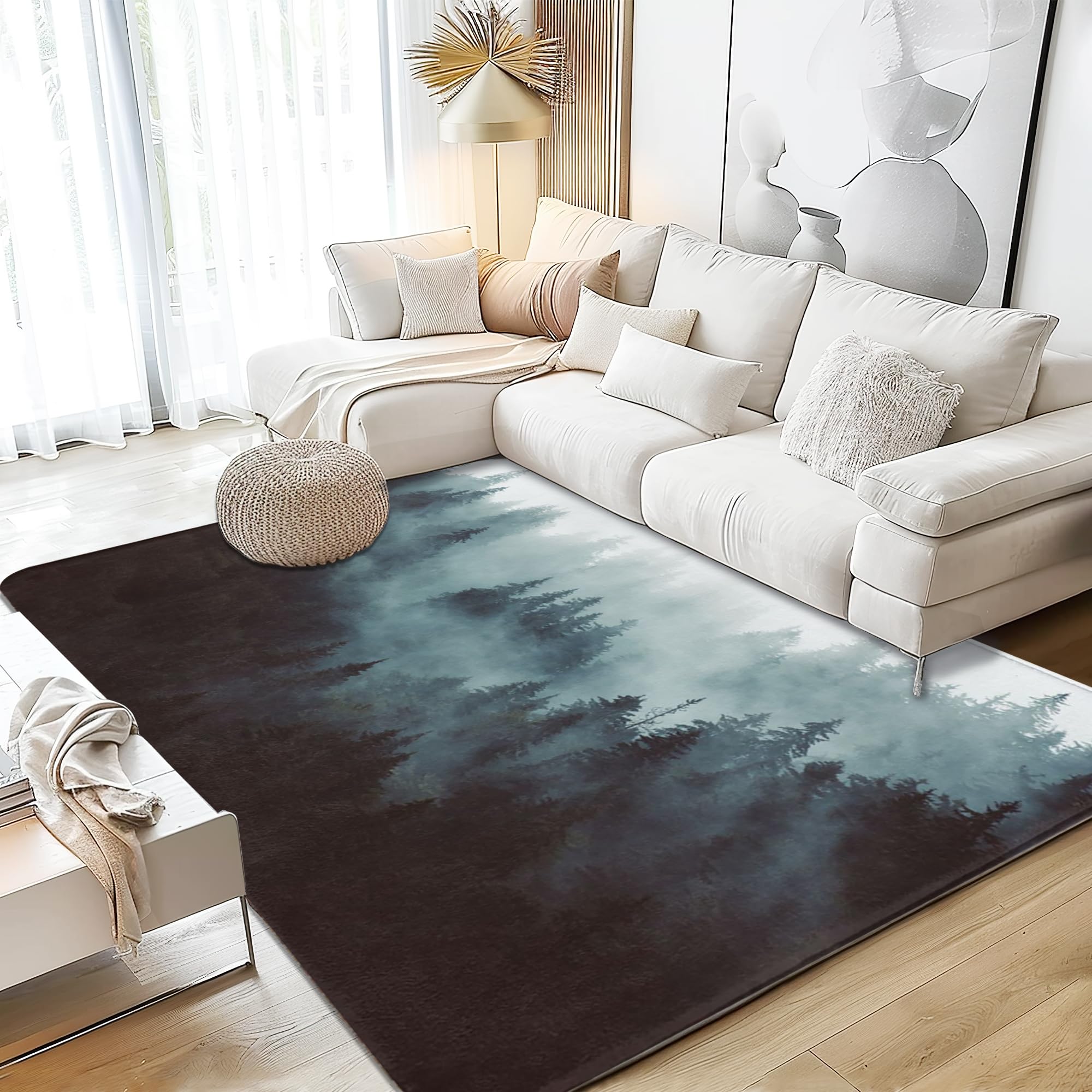 Modern Art Area Rug 5x7,Misty Forest Washable Large Rugs for Living Room, Ultra Soft Non-Slip Bedroom Rug Farmhouse Carpet Rug for Dining Room Dorm