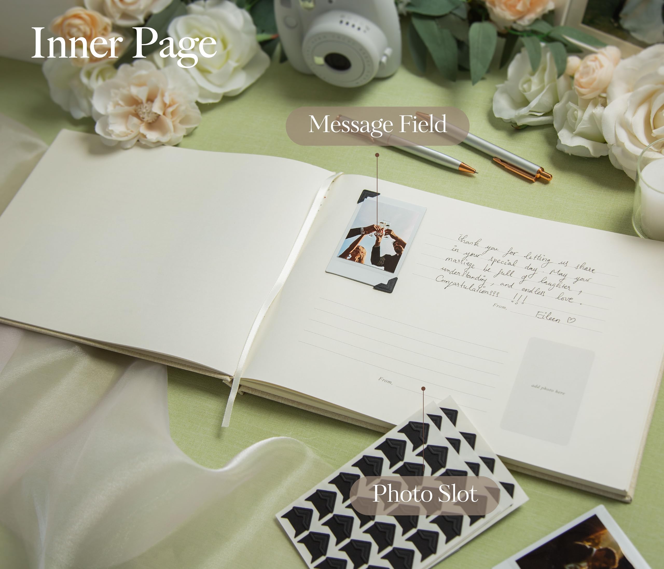 Foto-Gästebuch (cremefarben) – Leinen-Hardcover-Gästebuch für Babyparty, Geburtstag, Abschlussfeier, Ruhestand, Gedenkfeier, Jubiläumsfeier, Foto- und Nachrichtenbuch mit 120 Foto-Eckaufklebern