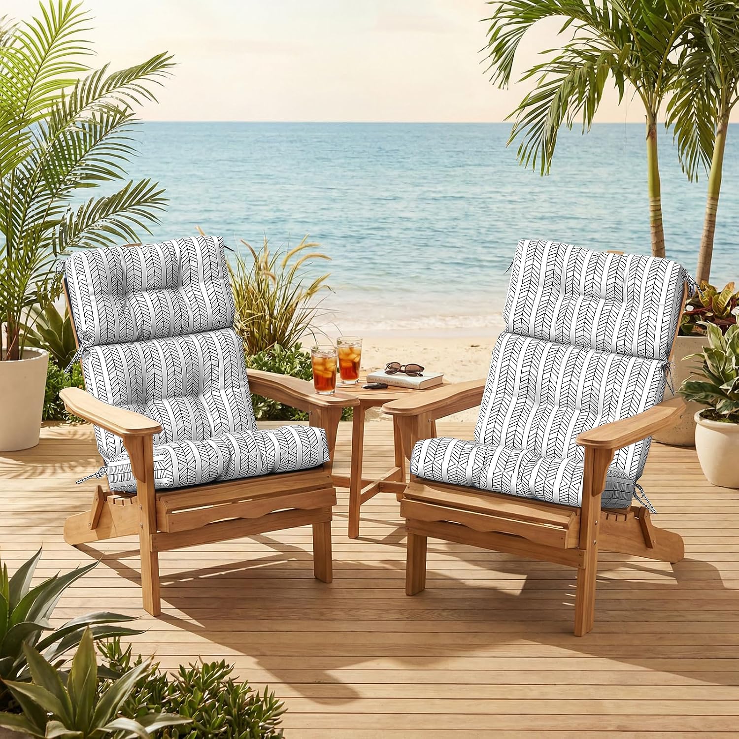 Outdoor High Back Patio Chair Cushions, Tufted Rocking Chair Cushions, Adirondack Cushions for Garden Porch Home Office Chairs Use, 44” x 22” x 4”, 2 Pack, Herringbone Black White image 2