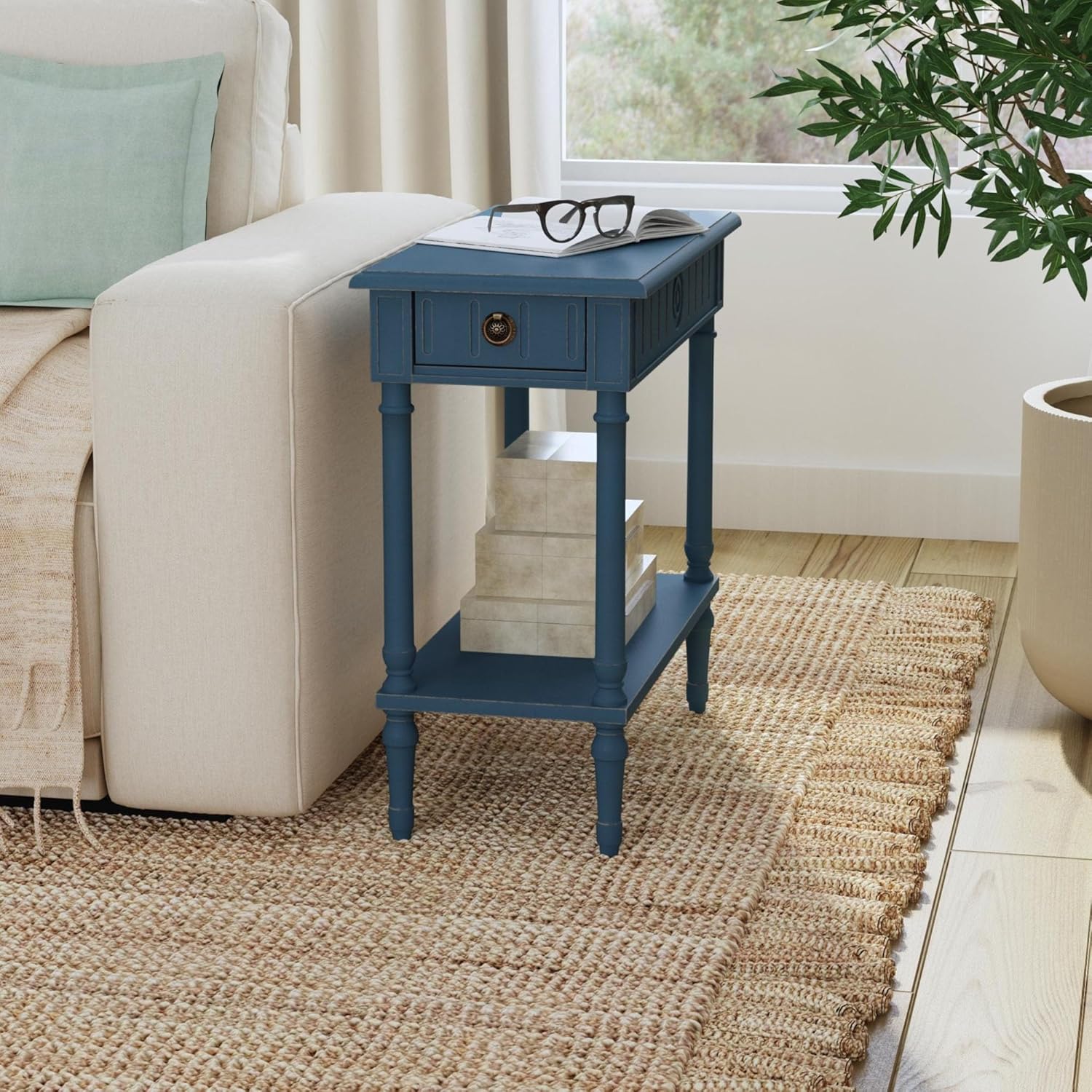 East at Main Handmade Solid Wood Narrow End Table with Drawer, Slim Blue Side Table for Bedroom, Living Room, or Entryway, Farmhouse Accent Furniture with Shelf and Turned Legs