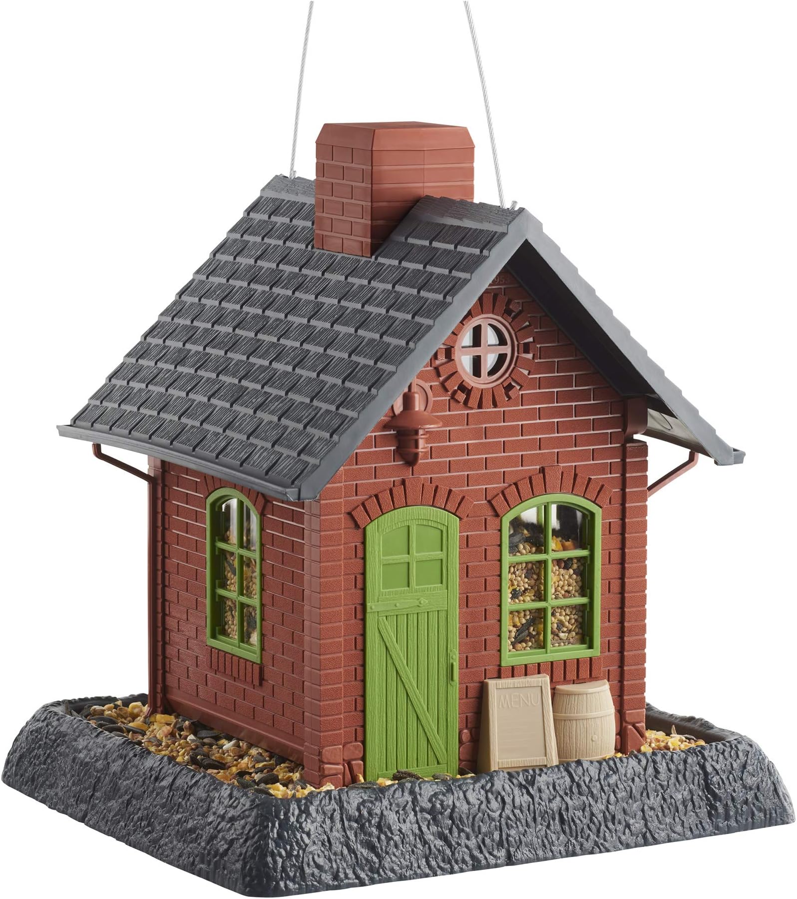 North StatesVillage Collection Old Town Pub Birdfeeder: Easy Fill and Clean. Squirrel Proof Hanging Cable included, or Pole Mount . Large, 5 pound Seed Capacity (9.5 x 10.25 x 11, Brick Red)