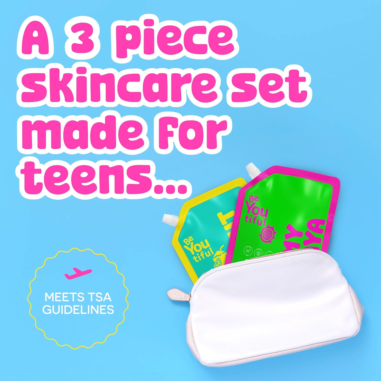 BeYoutiful 3 Step Teen Skin Care Kit, Face Scrub, Trendy Squeeze, Face Wash | Face Moisturizer Lotion, Skincare Routine Gift Set for Tweens and Kids in Trendy Squeeze Pouches, Vegan, For Girls and Boys