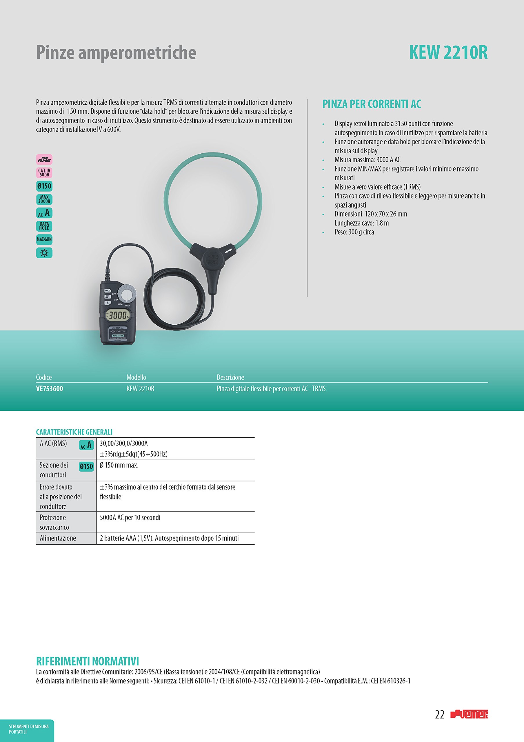 Kyoritsu Kew 2210r Pinza amperimétrica digital flexible para la tamaño de corriente AC TRMS, Gris