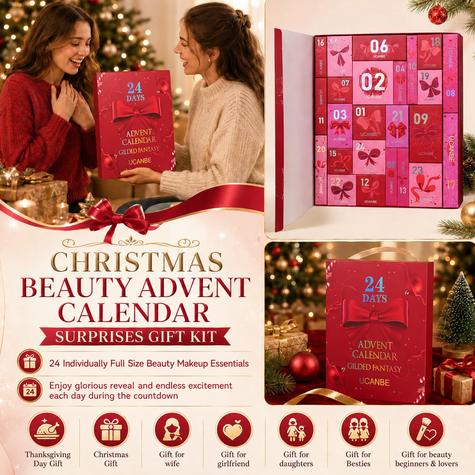 Calendario dell'Avvento del trucco 2026, set regalo di Natale da 24 pezzi, calendario del conto alla rovescia di Natale 2026, set regalo a sorpresa per donne, adolescenti e ragazze