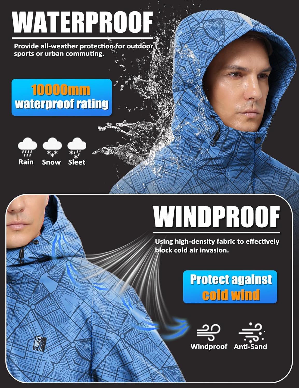 Men's Winter Ski Jacket Water Resistant Warm Snow Coat Windproof Insulated Snowboard Rain Jackets with Hood - Image 3