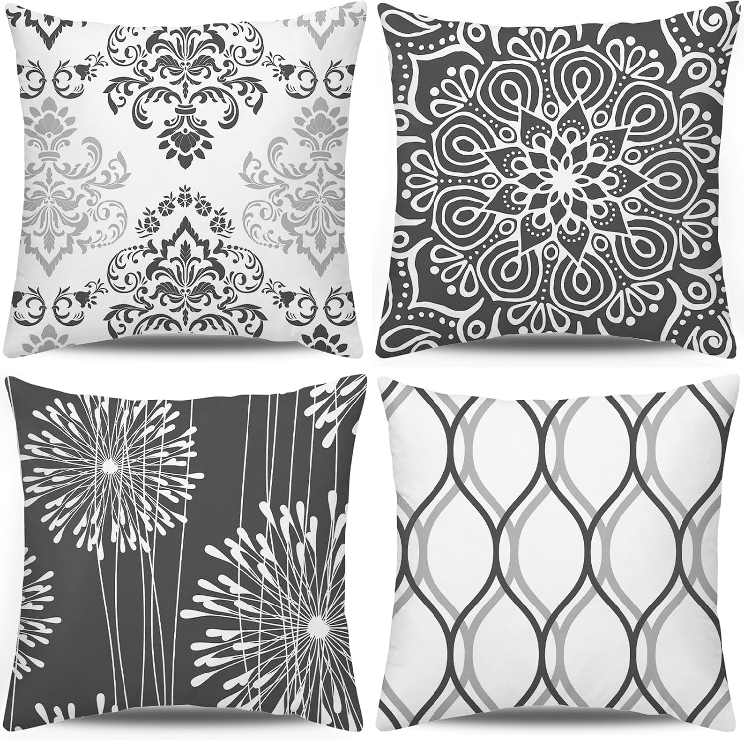 Coliuso Decorative Throw Pillow Covers 20x20 Set of 4, Dark Grey and White Modern Simple Square Pillow Case Cushion Cover for Sofa Couch Farmhouse