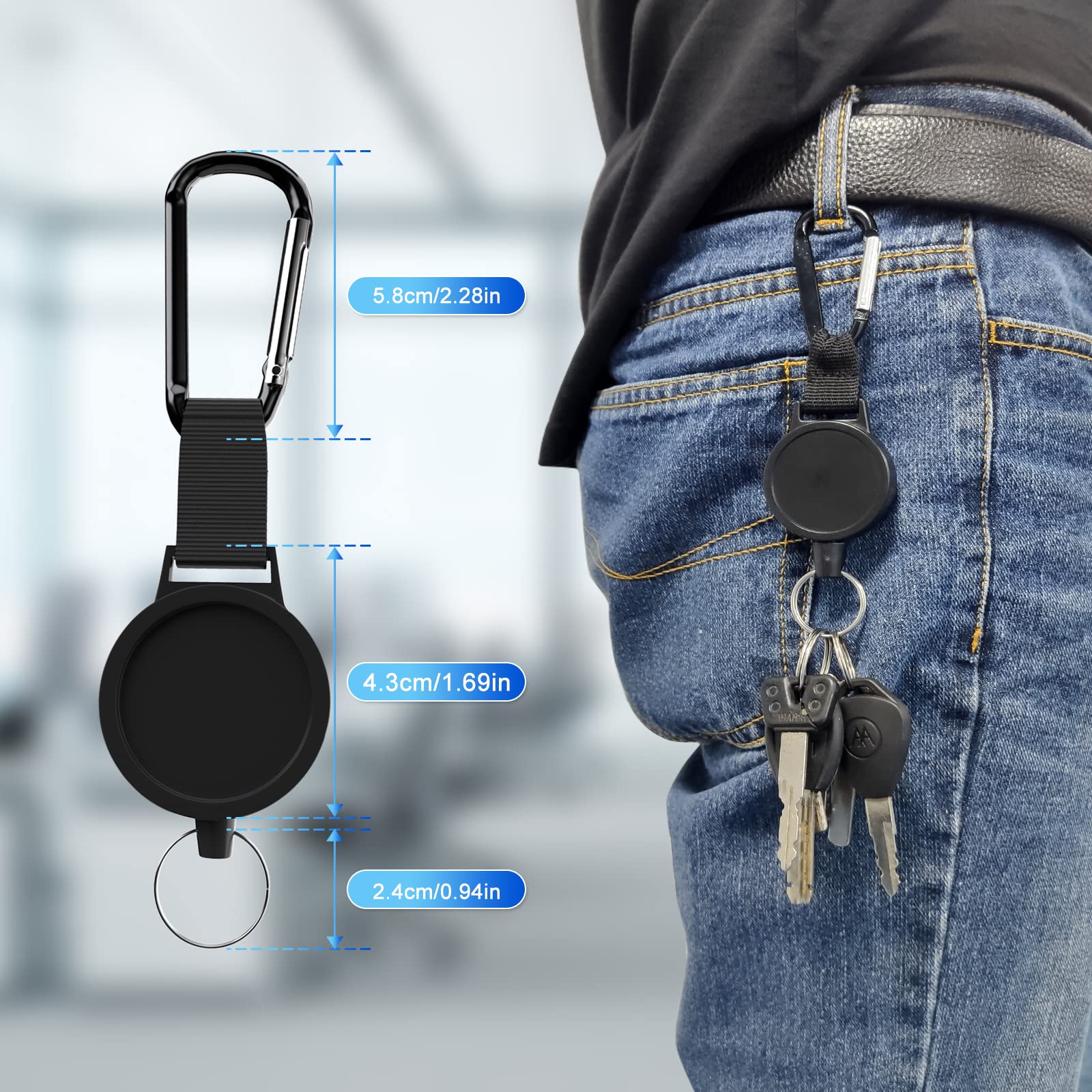 BiaoGan Heavy Duty Retractable Badge Reel with Carabiner Holder, Steel Cord, 68cm Length, 7.0 oz (6), Black - Image 3