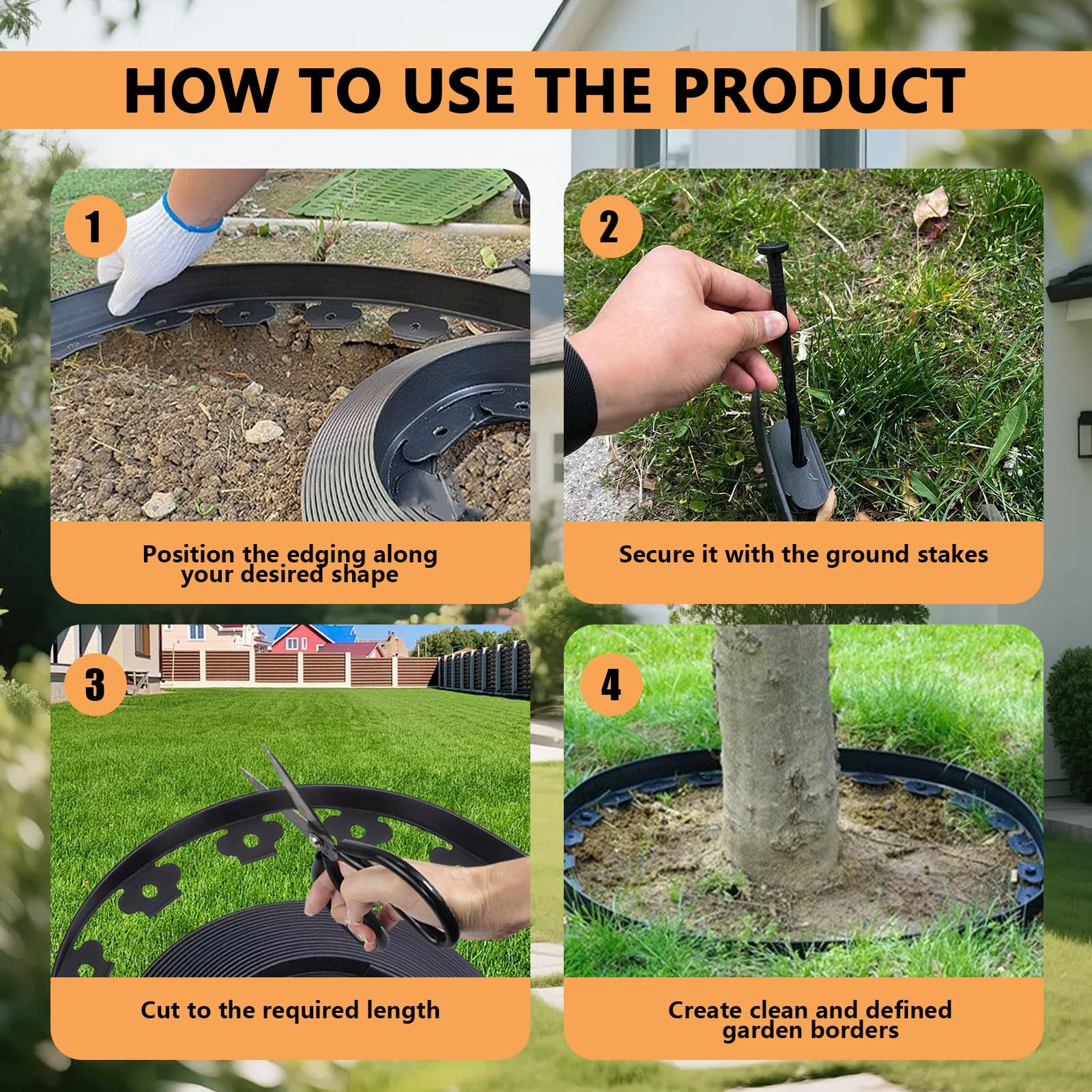 Bordo per Aiuole da Giardino 10 m con 60 Picchetti – Bordura per Prato in Plastica Flessibile, Altezza 5 cm – Separatore per Aiuole e Vialetti, Nero