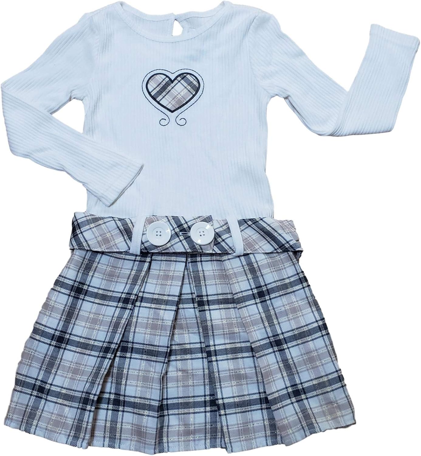 Girls Ivory & Brown Plaid Heart Gold Glitter Thread Long Sleeve Belt Dress