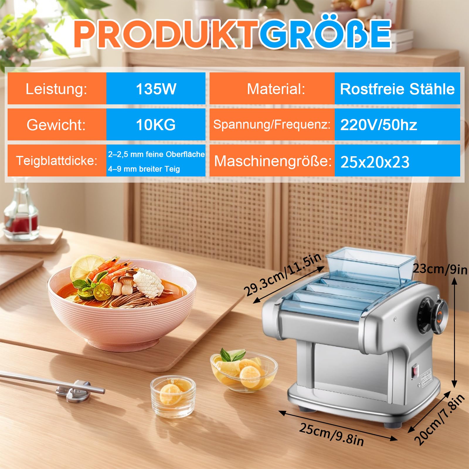 Macchina per pasta elettrica da 135 W, in acciaio inox, per la preparazione di spaghetti e lasagne, con 4 lame di larghezza (2 mm, 2,5 mm, 4 mm, 9 mm) e 9 spessori variabili di impasto