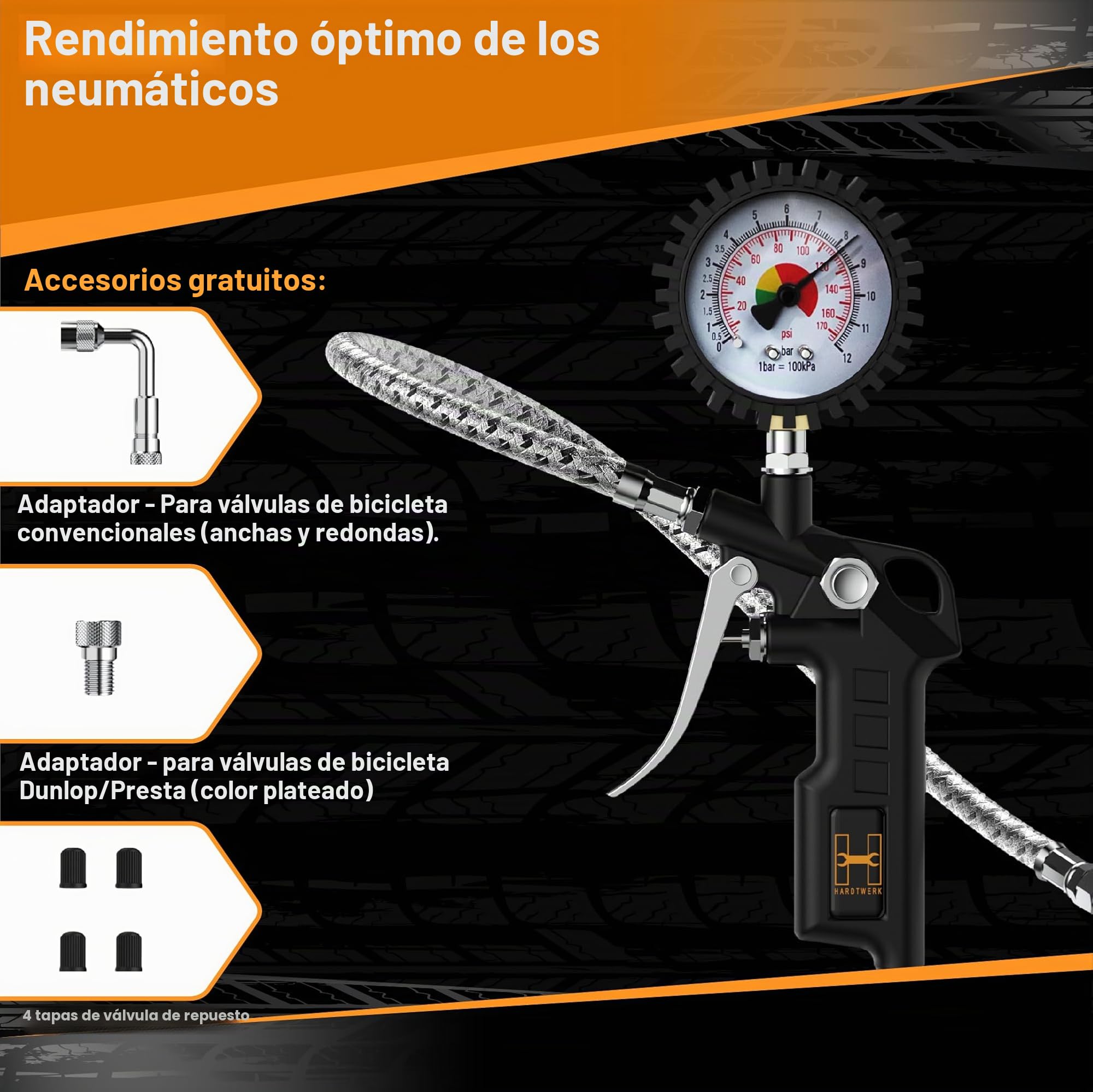 Hardtwerk Manometro Presion Neumaticos | Rango de medición del manómetro:170PSI 12 bar | Tubo de acero inoxidable 304 | manómetro para coches, motos, coches y camiones