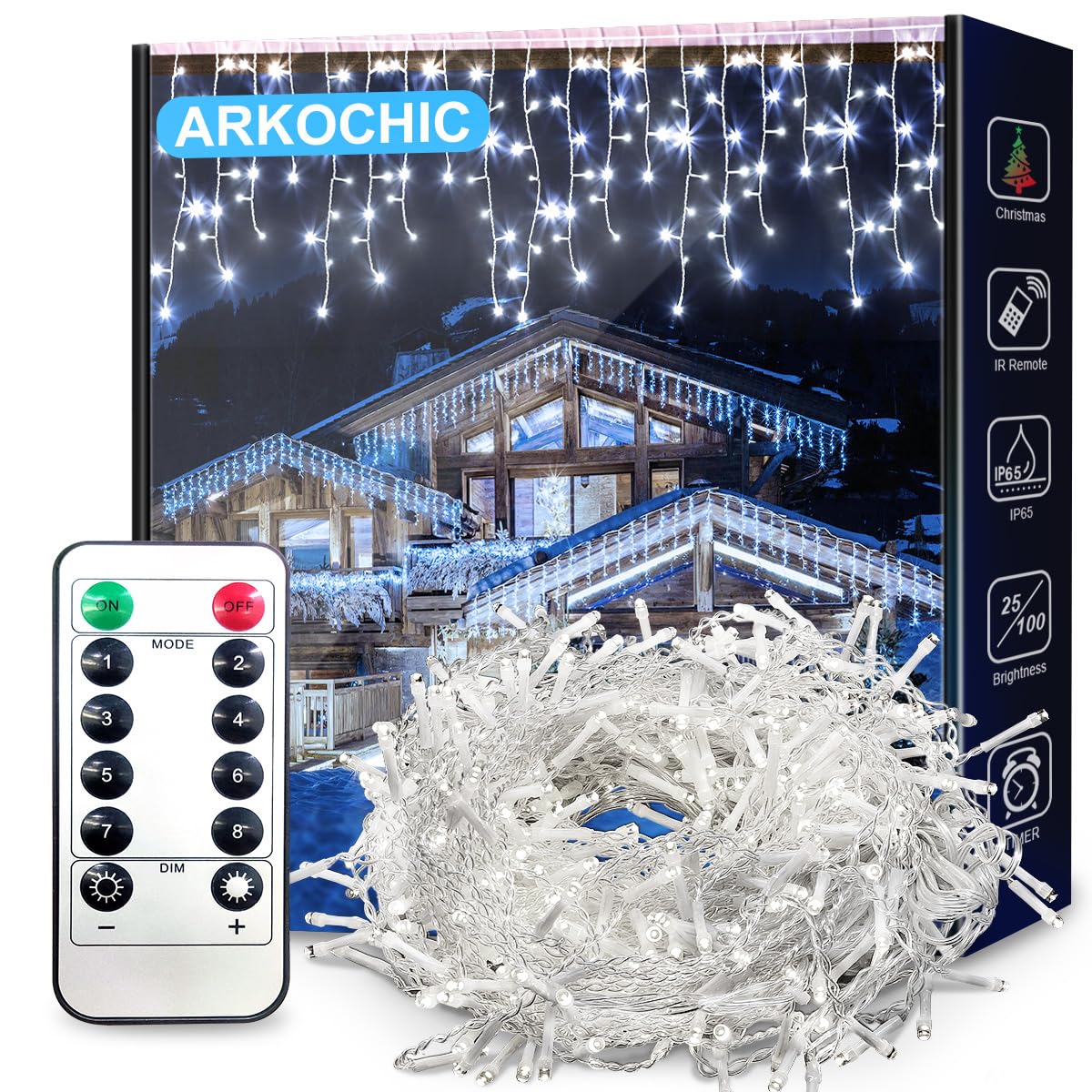 ARKOCHIC 10M Luci Natale Esterno Cascata, 400 LED Tenda Luminosa Bianco Caldo, Luci Natalizie da Esterno con Telecomando, 8 Modalità, Luci Decorazione Natale per Feste, Finestra, Balcone