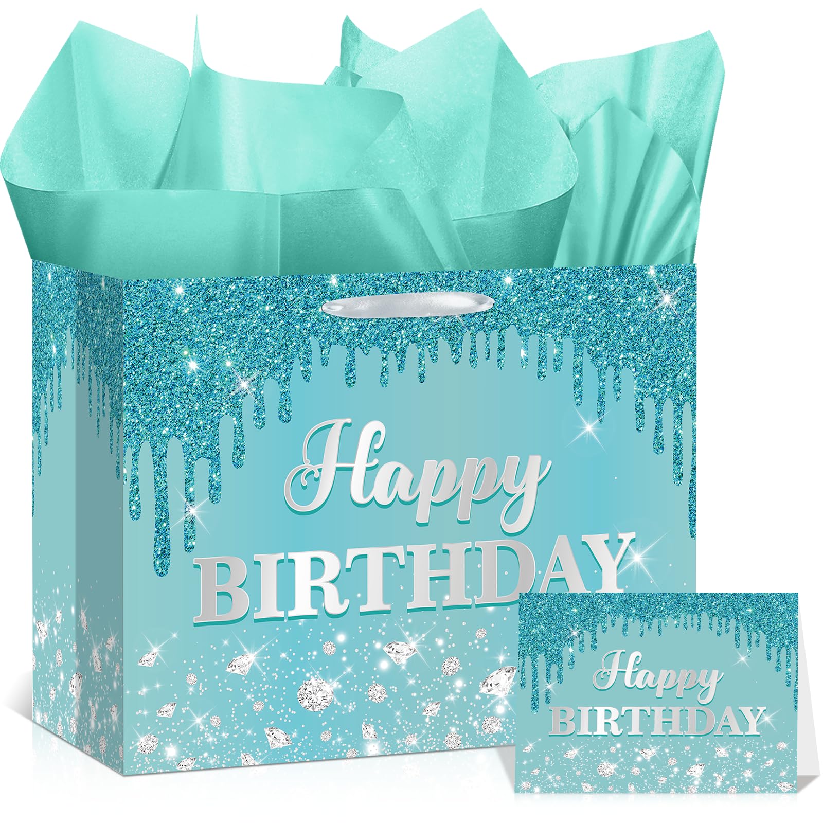 Yoirrat Teal Blue Birthday Gift Bag for Girls Women Large Glitter Happy Birthday Bag with Wrapping Tissue Paper and Card for Ice Princess Ocean Bday Party Supplies Present