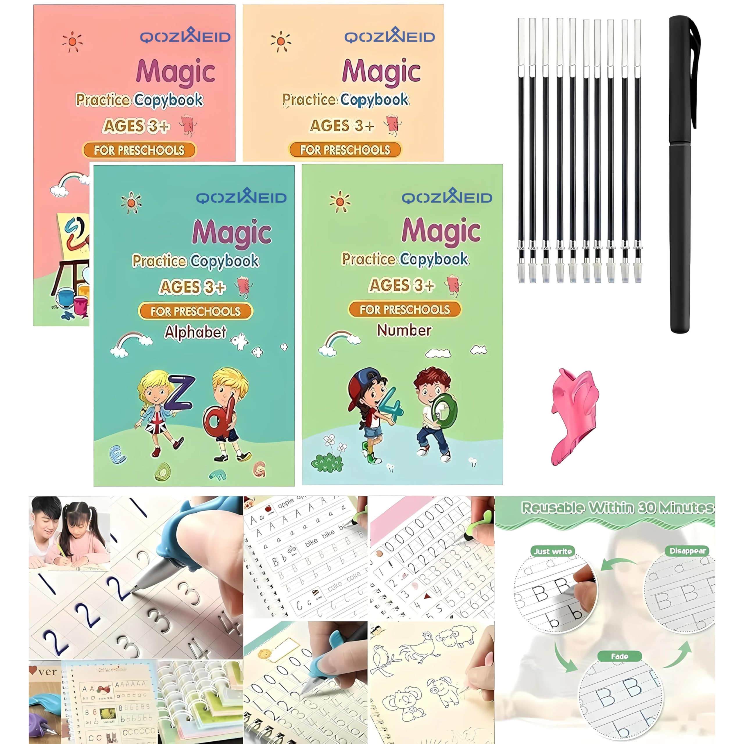 QOZWEID Sank Magic Practice Copybook,(4 Books+10 Refill) Number Tracing Book for Preschoolers with Pen,Magic Copybook Set Practical Reusable Writing Tool (Maths+Drawing+Alphabet+Number)