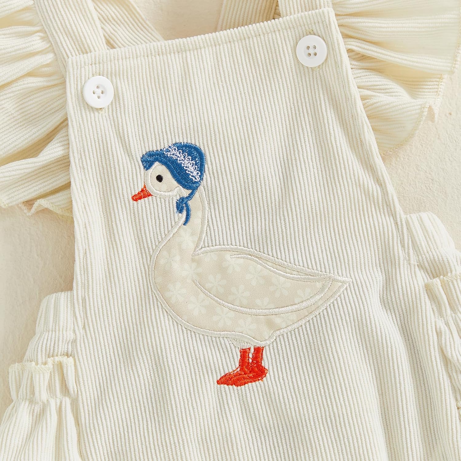 Baby Girl Corduroy Romper Goose Embroidery Onesie Ruffle Sleeveless Bodysuit Headband Set Fall Clothes - Image 6