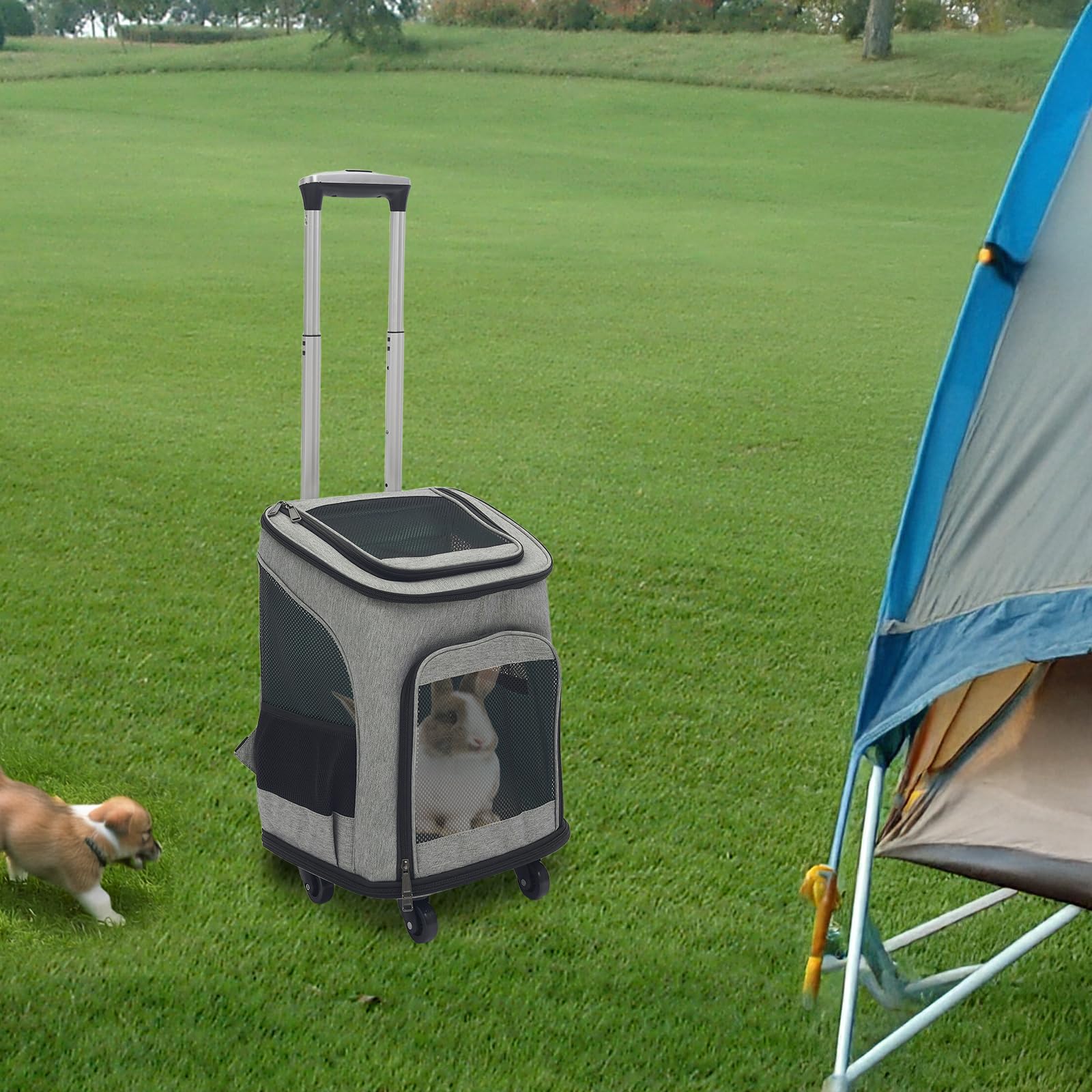 Transporttasche für Katze mit Rollen Hundetragetasche 45 * 33 * 14 cm hundewagen bis 9 kg Katze und 7,5 kg Hund katzenwagen (Grau)