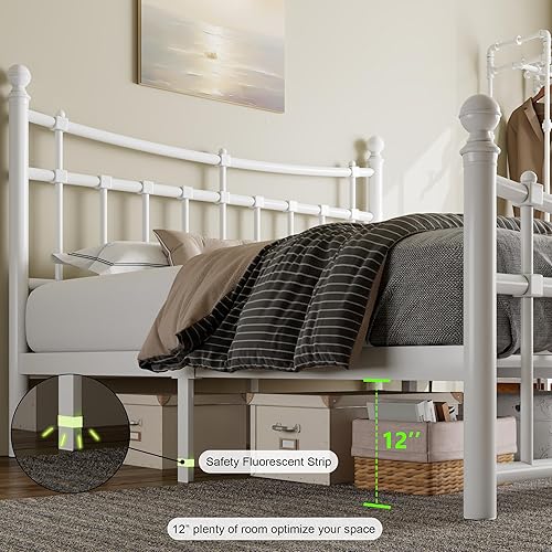 Miniatura 6 de Feonase Base de cama de metal tamaño Queen con cabecero y estribo modernos, base de cama de plataforma con listones de acero endurecido,