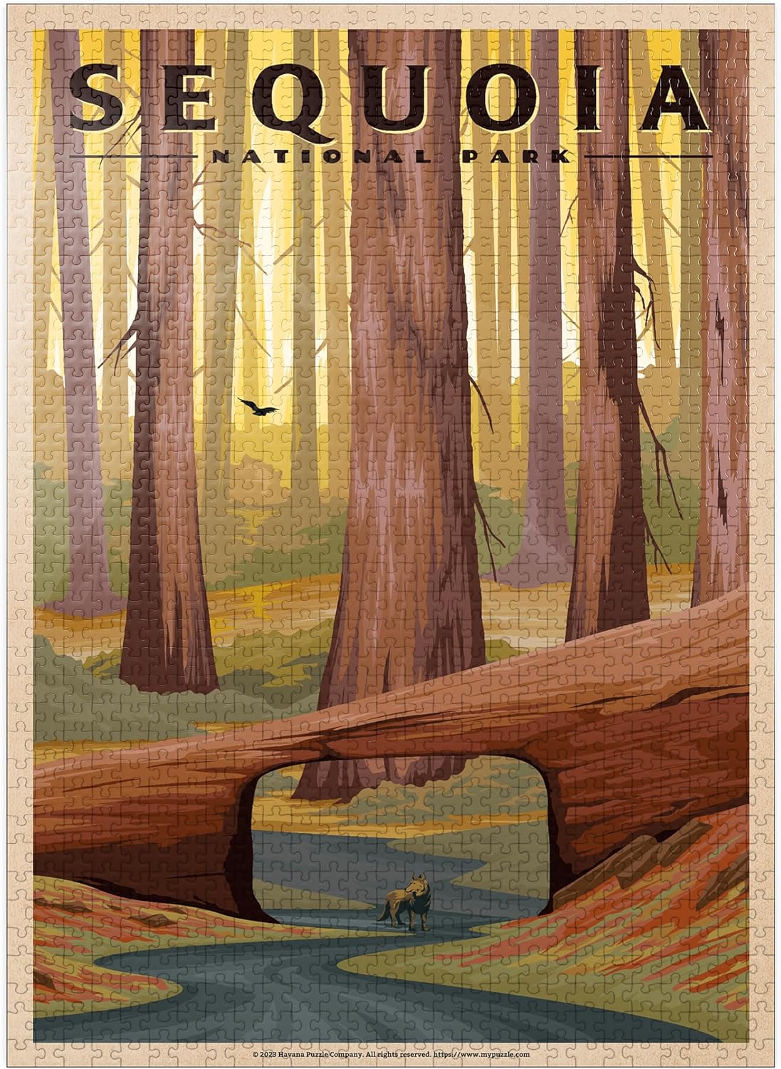 MyPuzzle Sequoia National Park - Tunnel Log, Vintage Travel Poster - Premium 500 Piece Jigsaw Puzzle for Adults