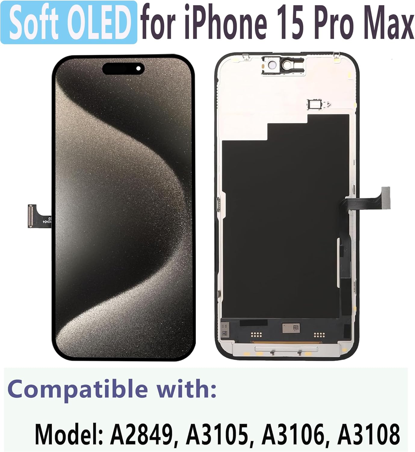 MP+ for iPhone 15 Pro Max Soft OLED Screen Replacement,[SupportFace ID] 3D Touch Screen Display Digitizer Assembly with Waterproof Adhesive Tape and Repair Tools Kit