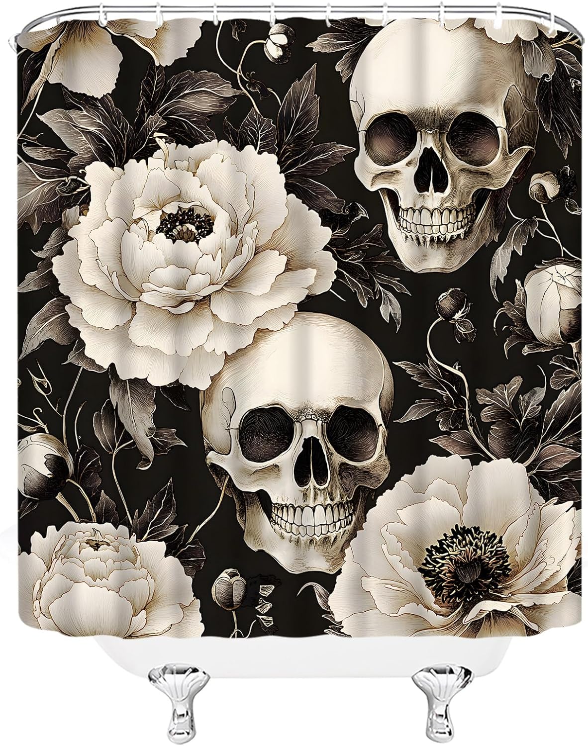 Skull Floral Extra Long Shower Curtain,Gothic Skeleton Flower Vintage Halloween Spooky Black Cream Bathroom Home Curtain Decor with Hooks,70x84 Inch