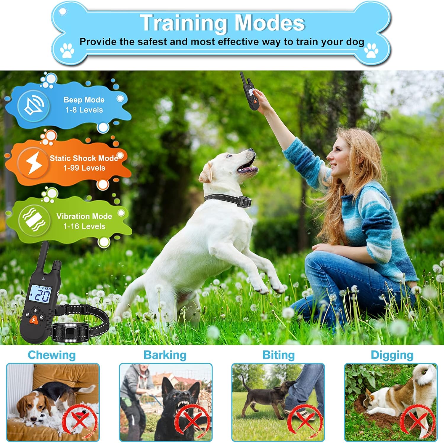 iTecFreely Dog Training Collar with Remote, Electronic Dog Shock Collar with 3 Mode Beep,Vibration,Shock, 3300Ft Range,E Dog Bark Collar Waterproof Rechargeable with Light for Large Medium Small Dogs