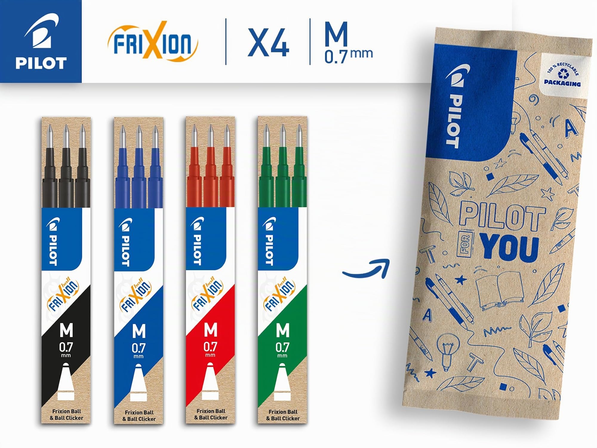 PILOT 4 Set Ricariche FriXion Ricariche Penne Cancellabili Compatibili FriXion Ball Clicker Nero Blu Rosso Verde Punta Media 12 Ricariche