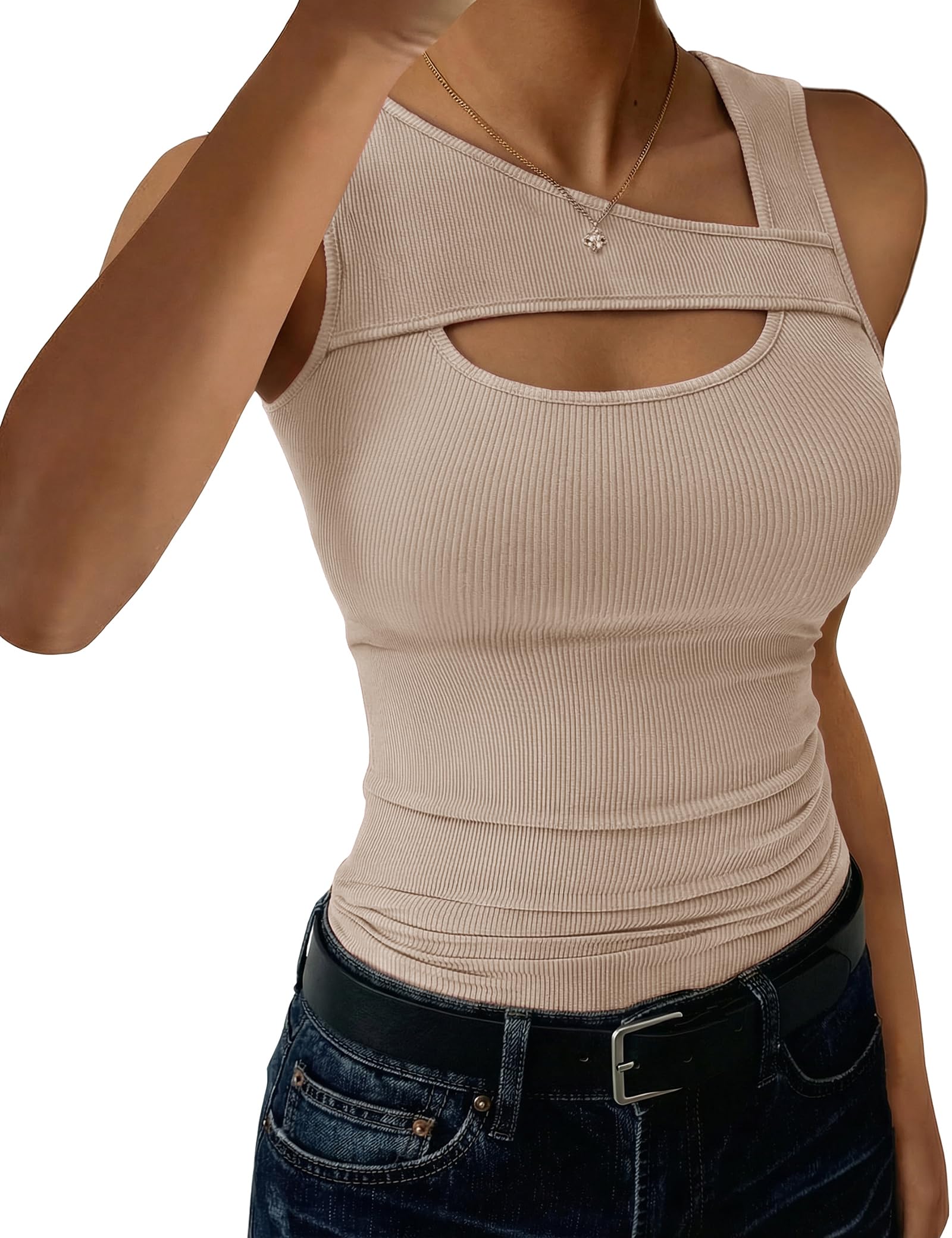 Aottori Tank Top Damen Asymmetrischer Ausschnitt Tops Gerippt Sommer Tanktop Slim Fit Sexy Oberteile Cut-Out Stretch Basic Shirt Ärmellos Casual Einfarbig