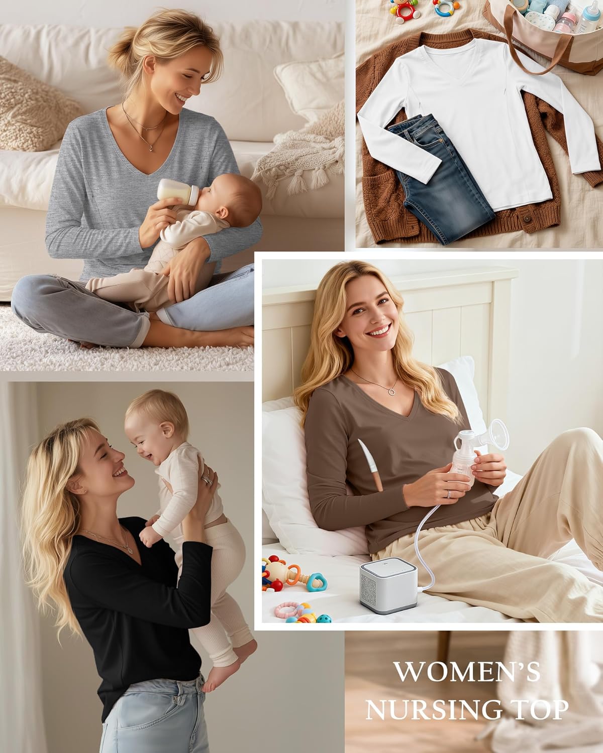 4 Pack Women's Long Sleeve Nursing Shirts with Hidden Zipper V Neck Breastfeeding Clothes Maternity Loose Fit Tops - Image 2